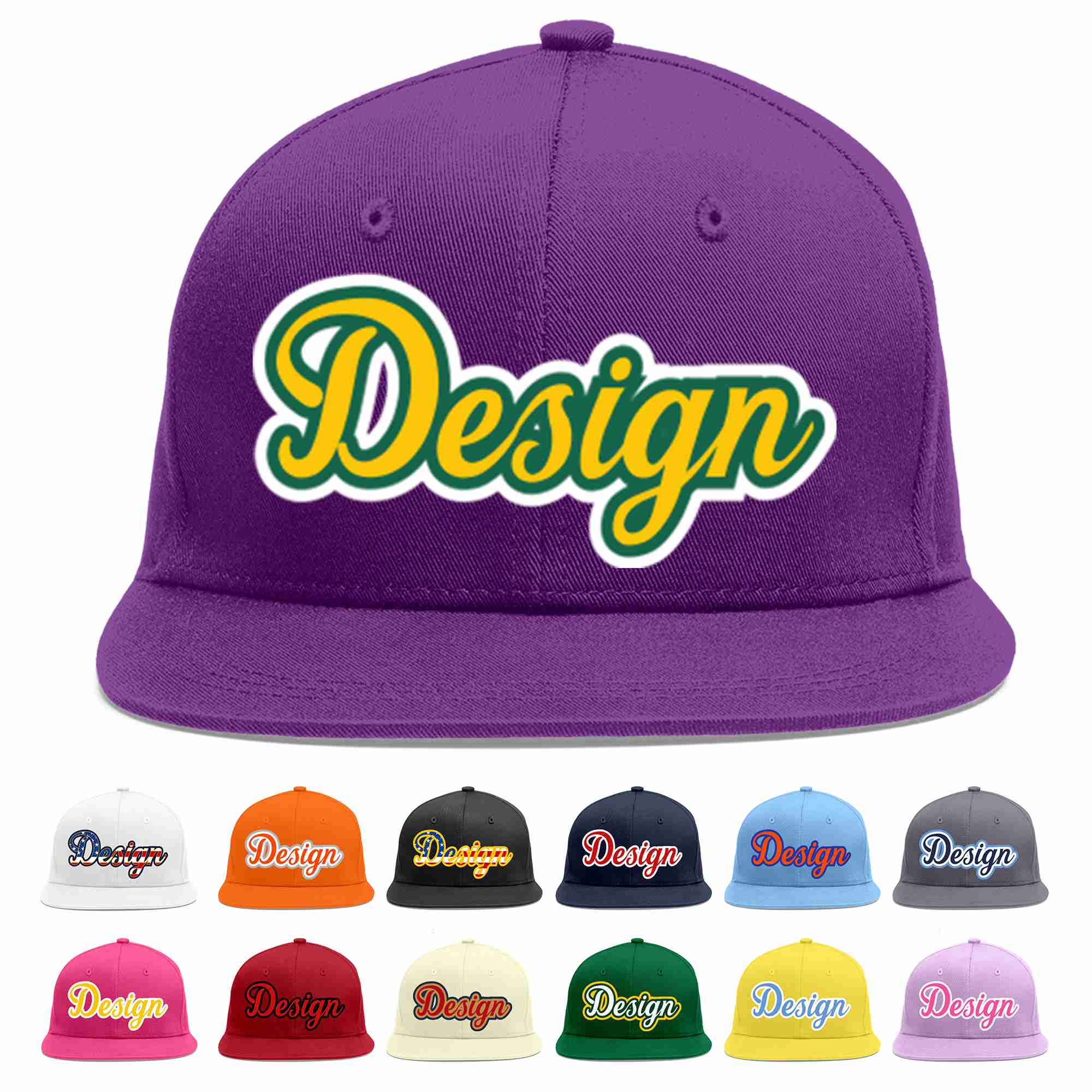 Conception personnalisée de casquette de baseball de sport à avant-toit plat violet or-kelly vert pour hommes/femmes/jeunes