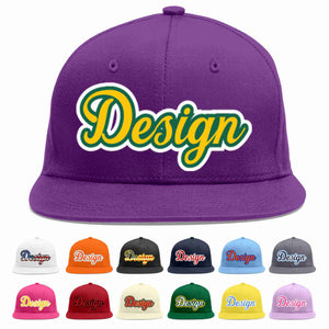 Custom Purple Gold-Kelly Green Flat Eaves Sport Baseball Cap Design for Men/Women/Youth