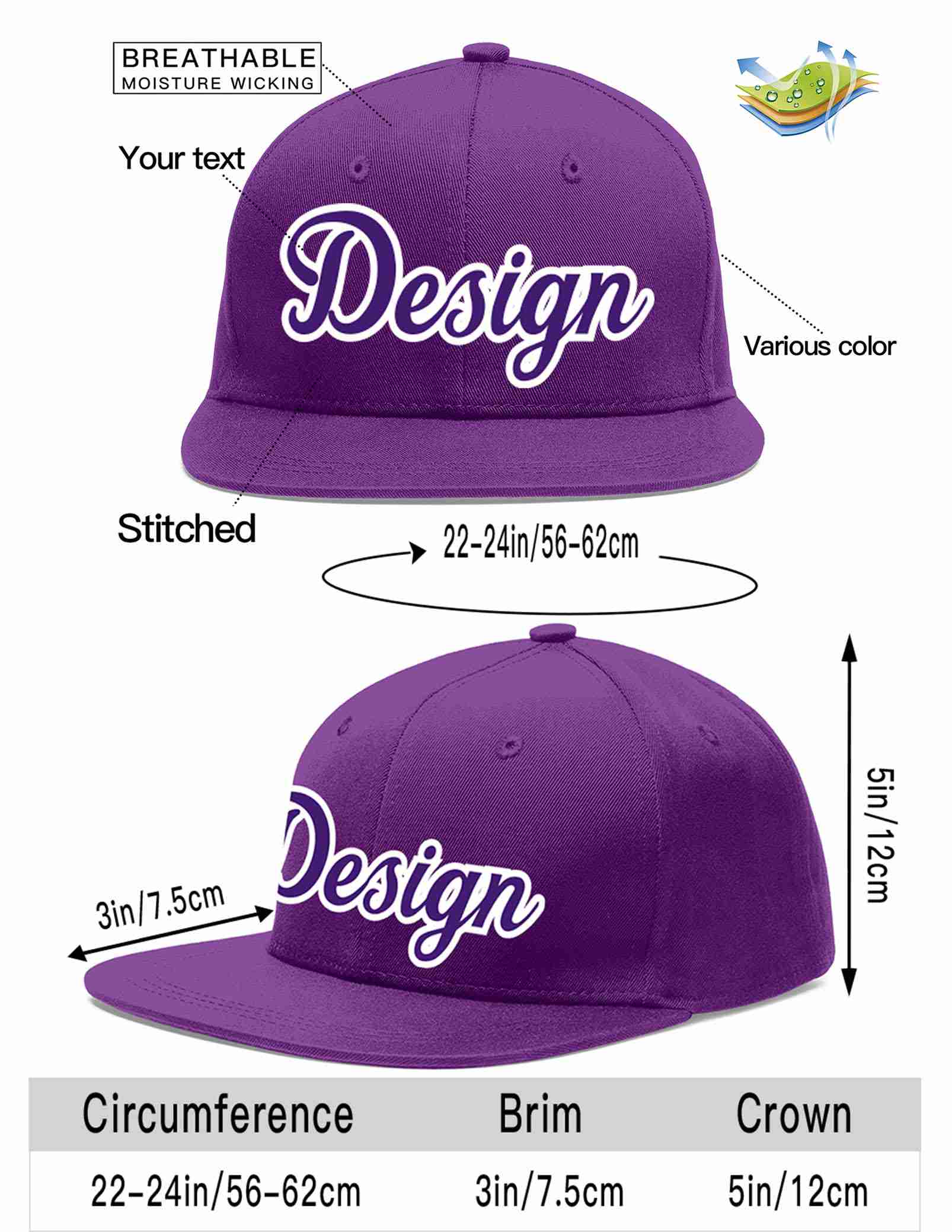 Conception personnalisée de casquette de baseball de sport à avant-toit plat violet violet-blanc pour hommes/femmes/jeunes