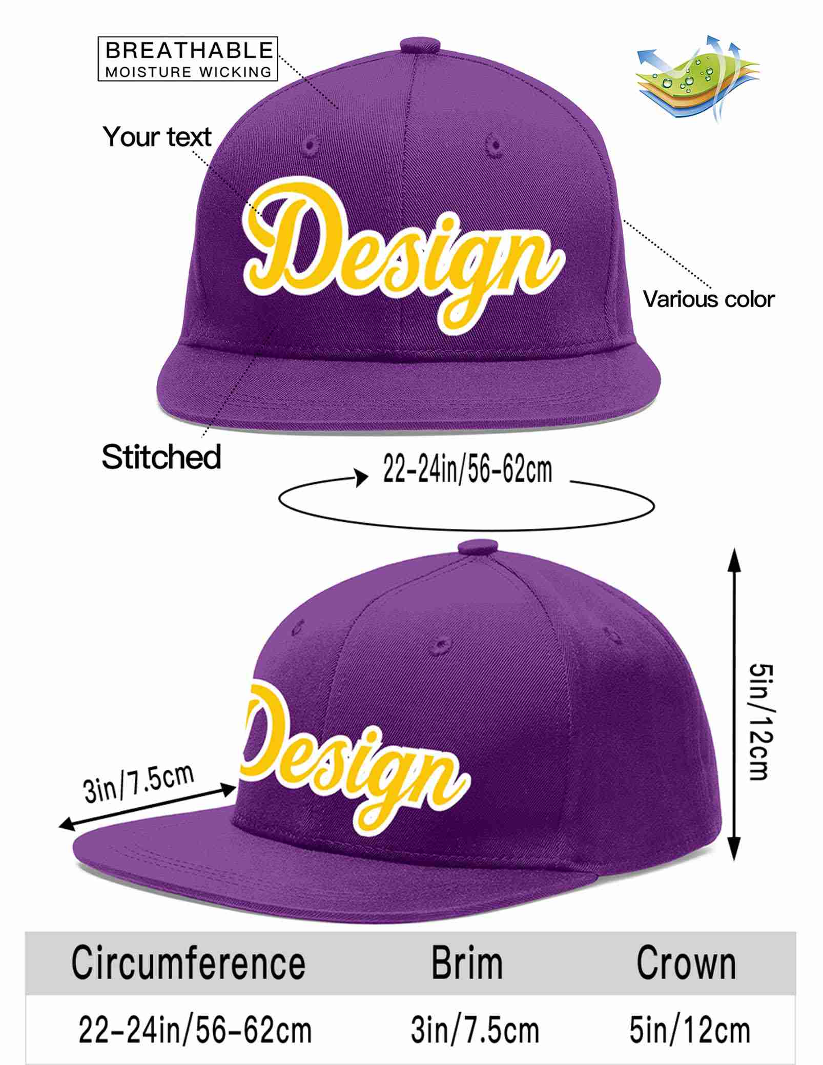 Custom Purple Gold-White Flat Eaves Sport Baseball Cap Design for Men/Women/Youth