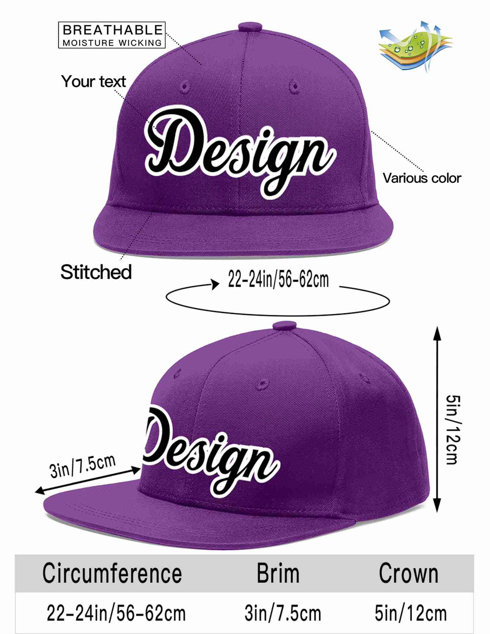 Custom Purple Black-White Flat Eaves Sport Baseball Cap Design for Men/Women/Youth