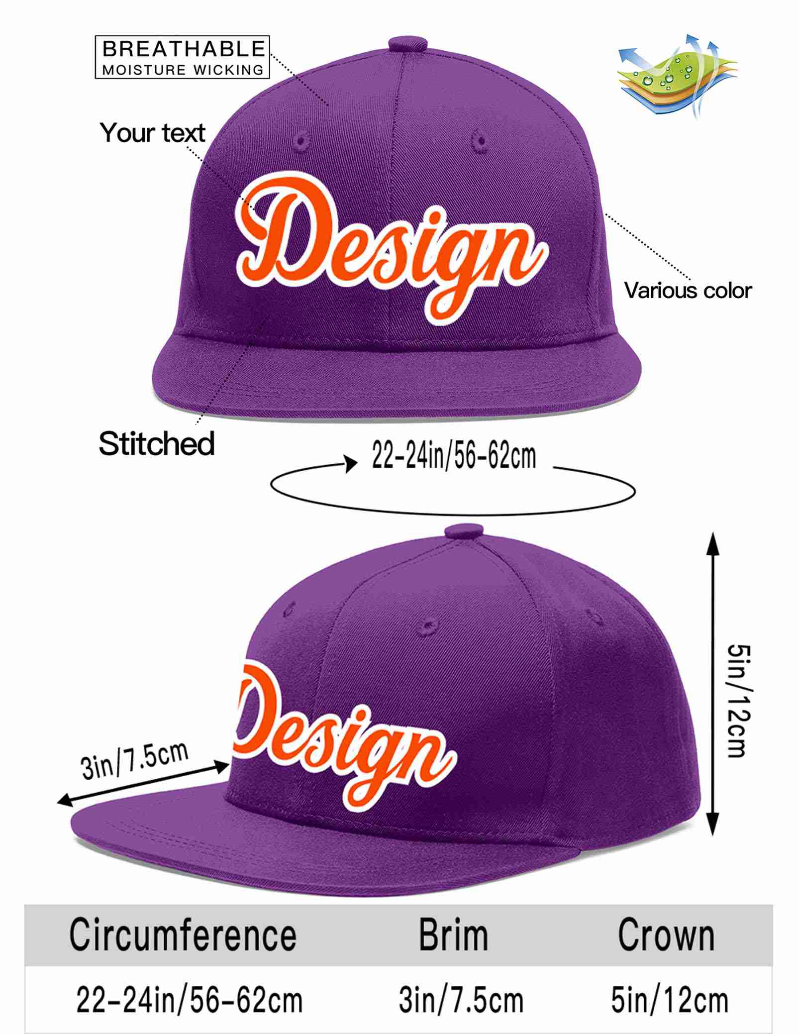 Conception personnalisée de casquette de baseball de sport à avant-toit plat violet orange-blanc pour hommes/femmes/jeunes