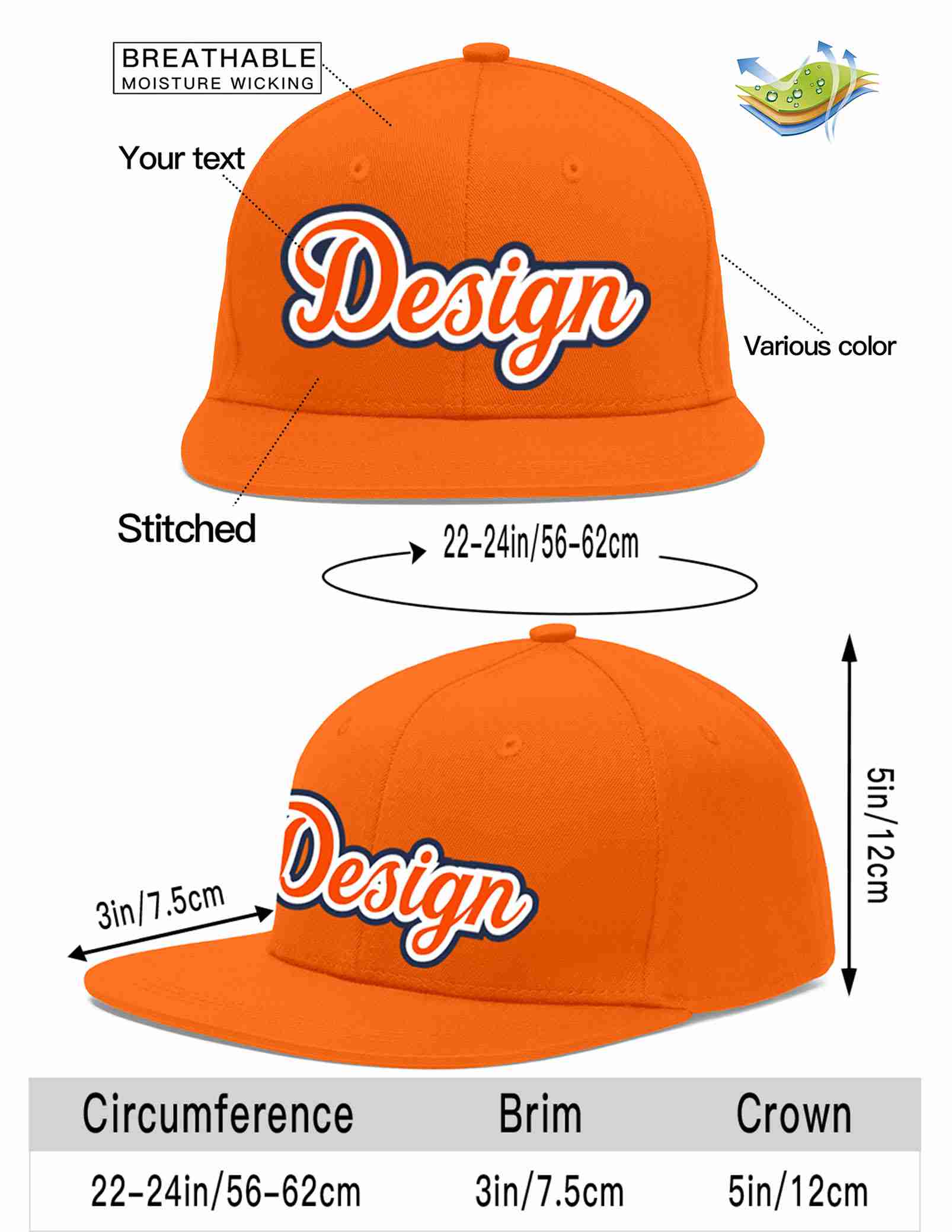 Custom Orange Orange-White Flat Eaves Sport Baseball Cap Design for Men/Women/Youth