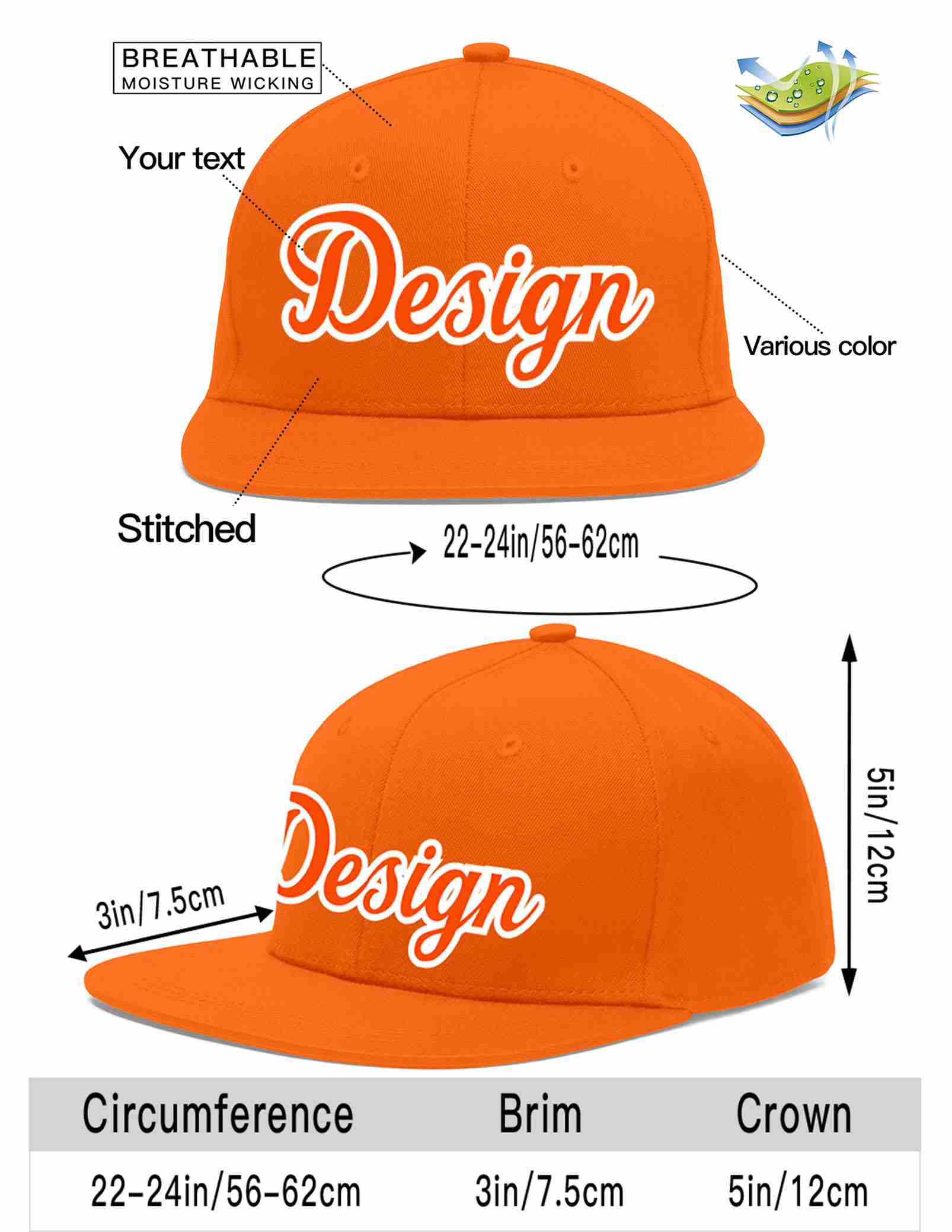 Custom Orange Orange-White Flat Eaves Sport Baseball Cap Design for Men/Women/Youth