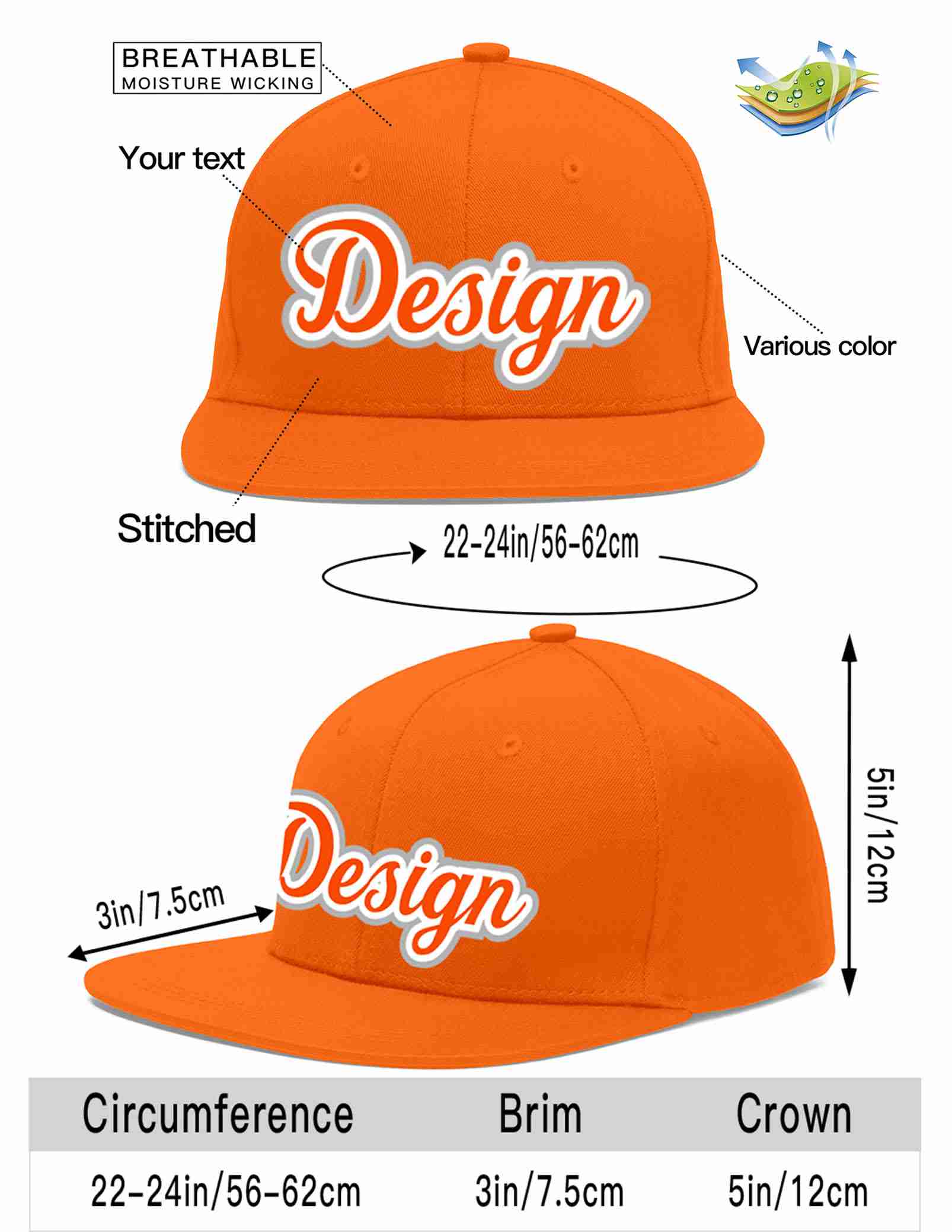 Conception personnalisée de casquette de baseball de sport à avant-toit plat orange orange-blanc pour hommes/femmes/jeunes