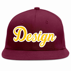 Custom Crimson Gold-White Flat Eaves Sport Baseball Cap Design for Men/Women/Youth