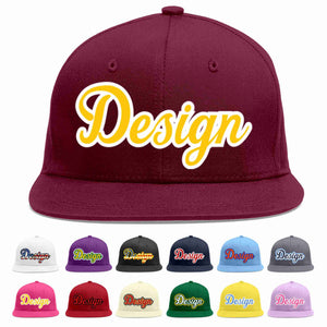 Custom Crimson Gold-White Flat Eaves Sport Baseball Cap Design for Men/Women/Youth