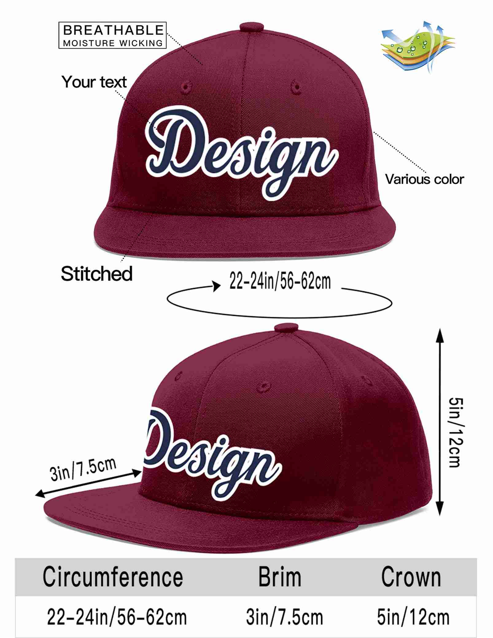 Custom Crimson Navy-White Flat Eaves Sport Baseball Cap Design for Men/Women/Youth