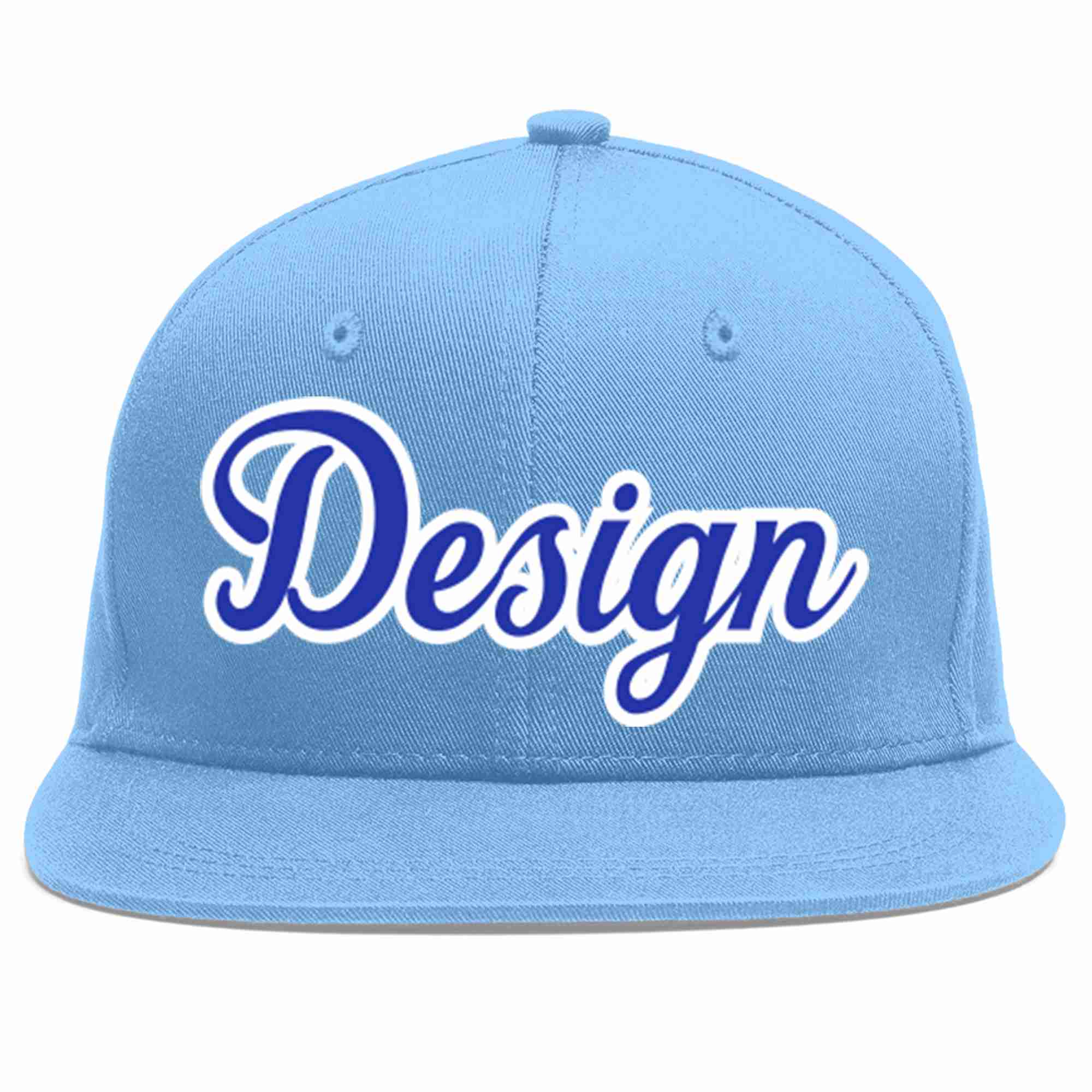 Custom Light Blue Royal-White Flat Eaves Sport Baseball Cap Design for Men/Women/Youth