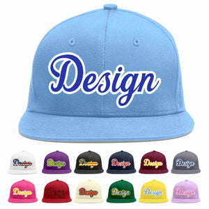 Custom Light Blue Royal-White Flat Eaves Sport Baseball Cap Design for Men/Women/Youth