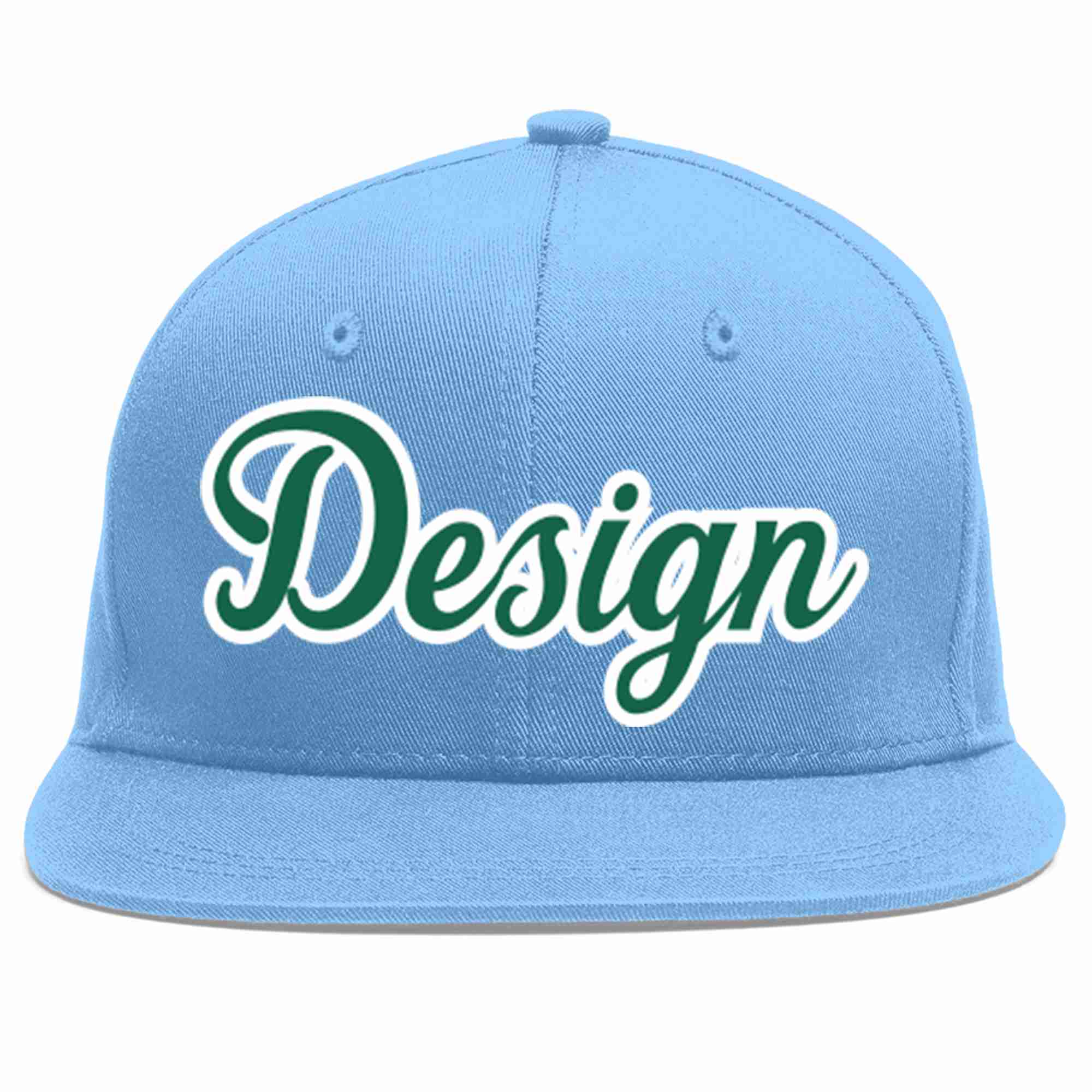 Custom Light Blue Kelly Green-White Flat Eaves Sport Baseball Cap Design for Men/Women/Youth