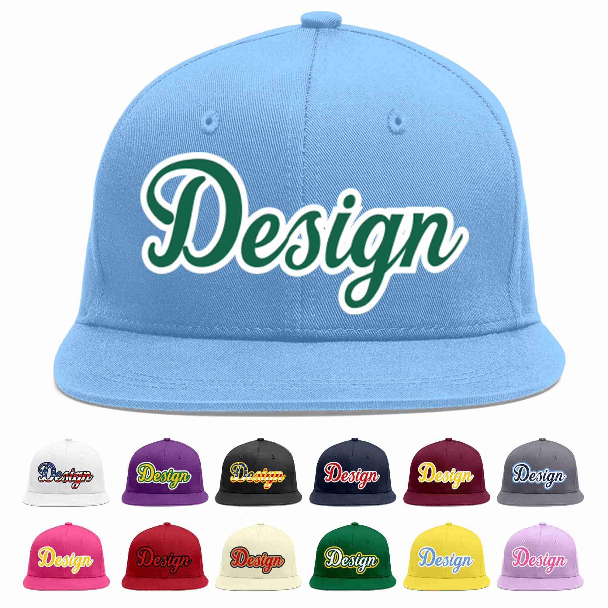 Custom Light Blue Kelly Green-White Flat Eaves Sport Baseball Cap Design for Men/Women/Youth