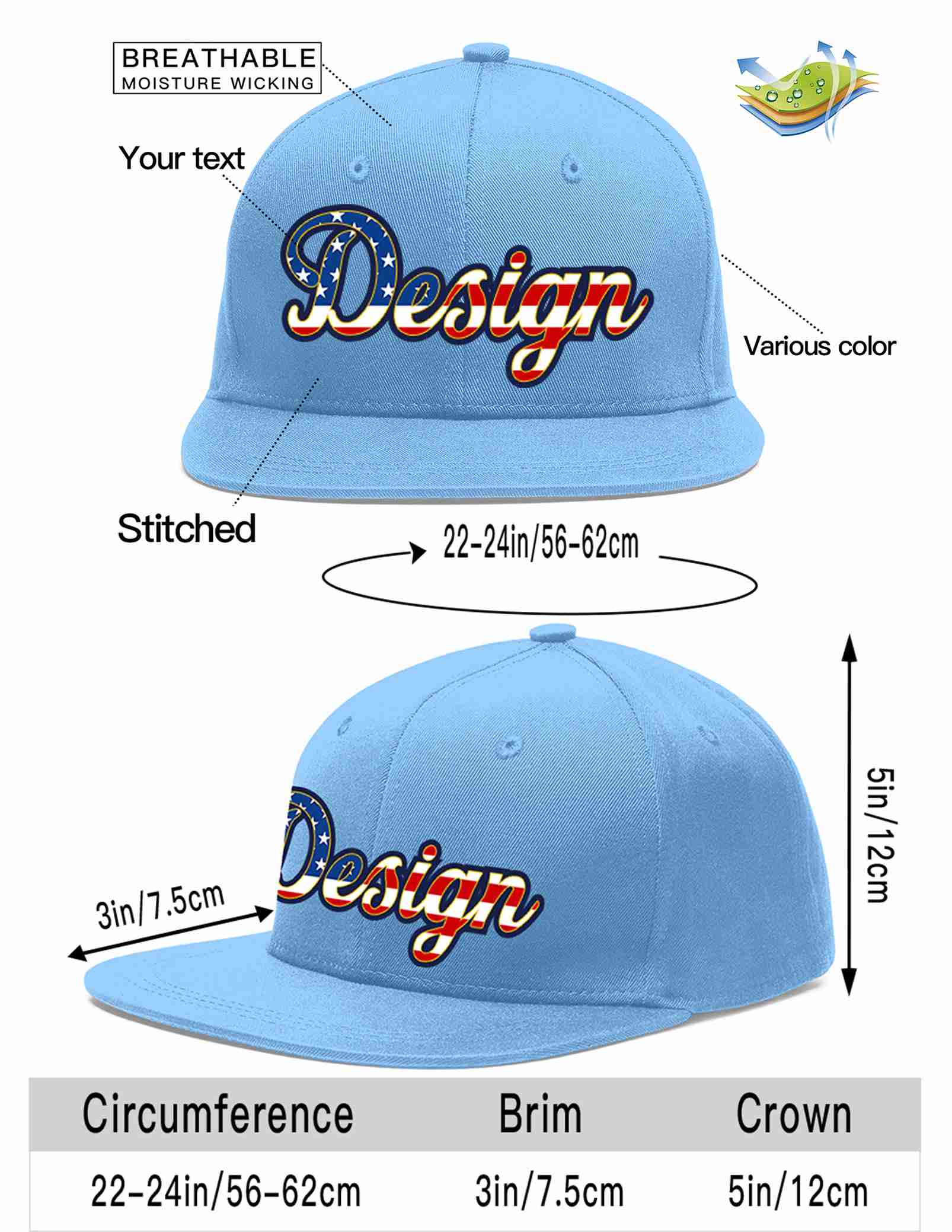 Custom Light Blue Vintage USA Flag-Gold Flat Eaves Sport Baseball Cap Design for Men/Women/Youth