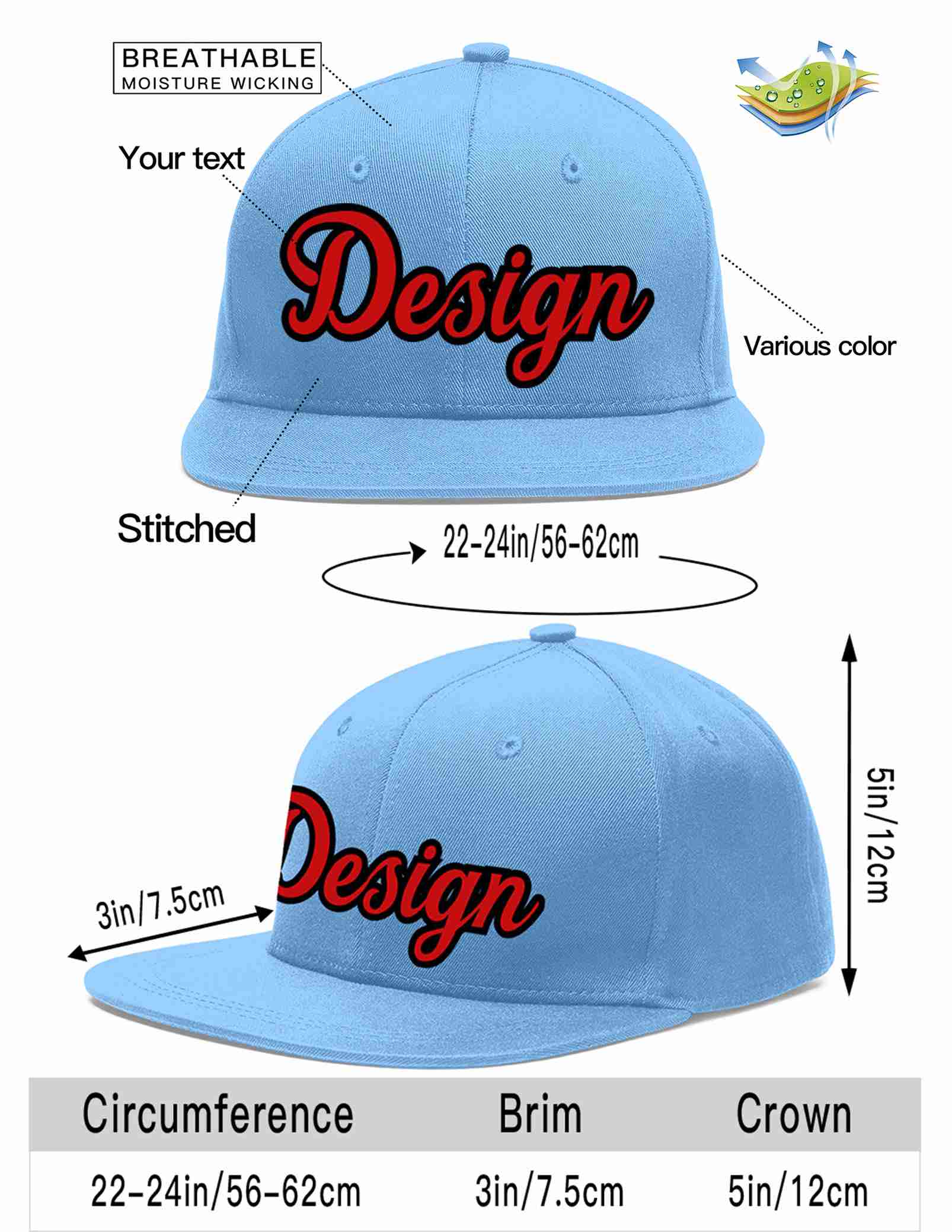 Custom Light Blue Red-Black Flat Eaves Sport Baseball Cap Design for Men/Women/Youth