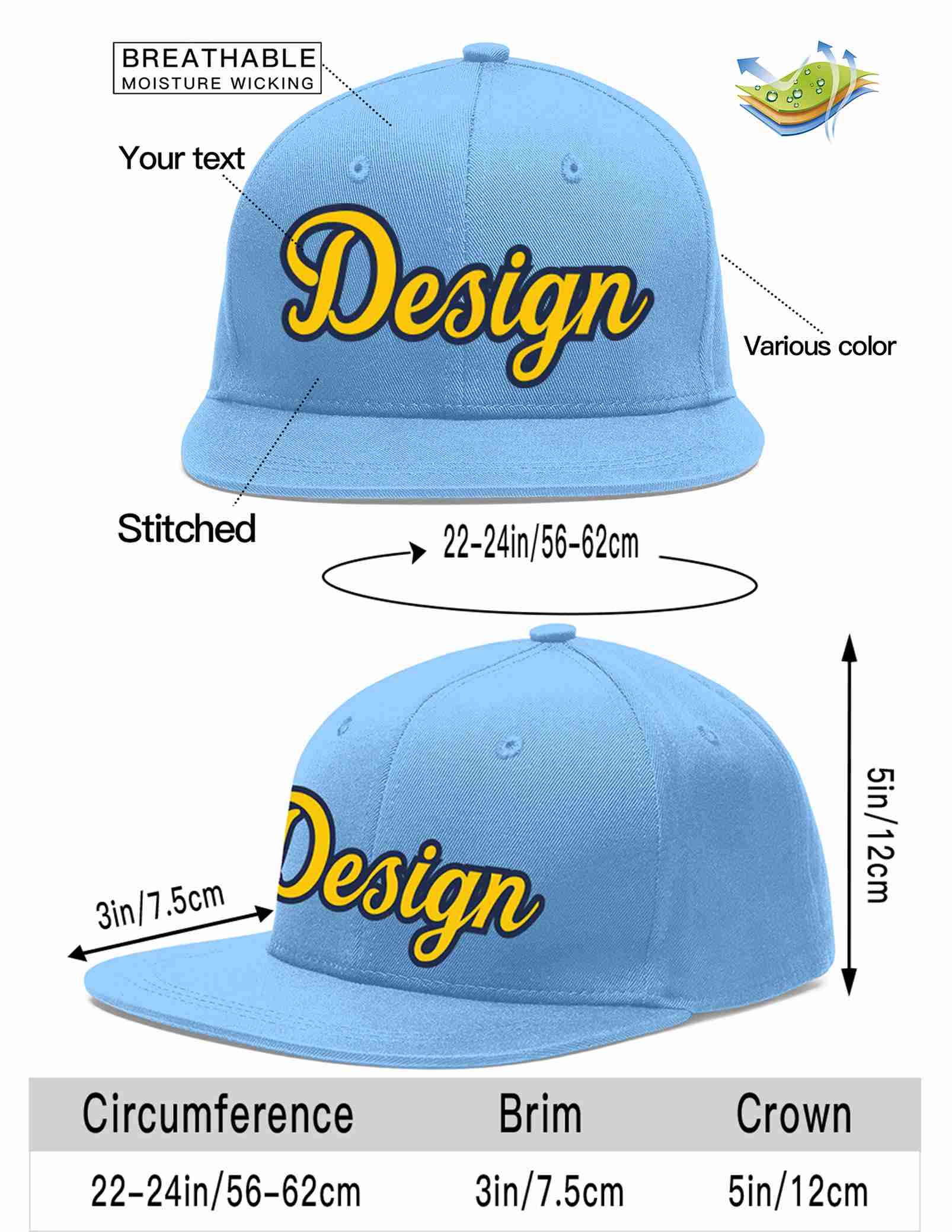 Custom Light Blue Gold-Navy Flat Eaves Sport Baseball Cap Design for Men/Women/Youth