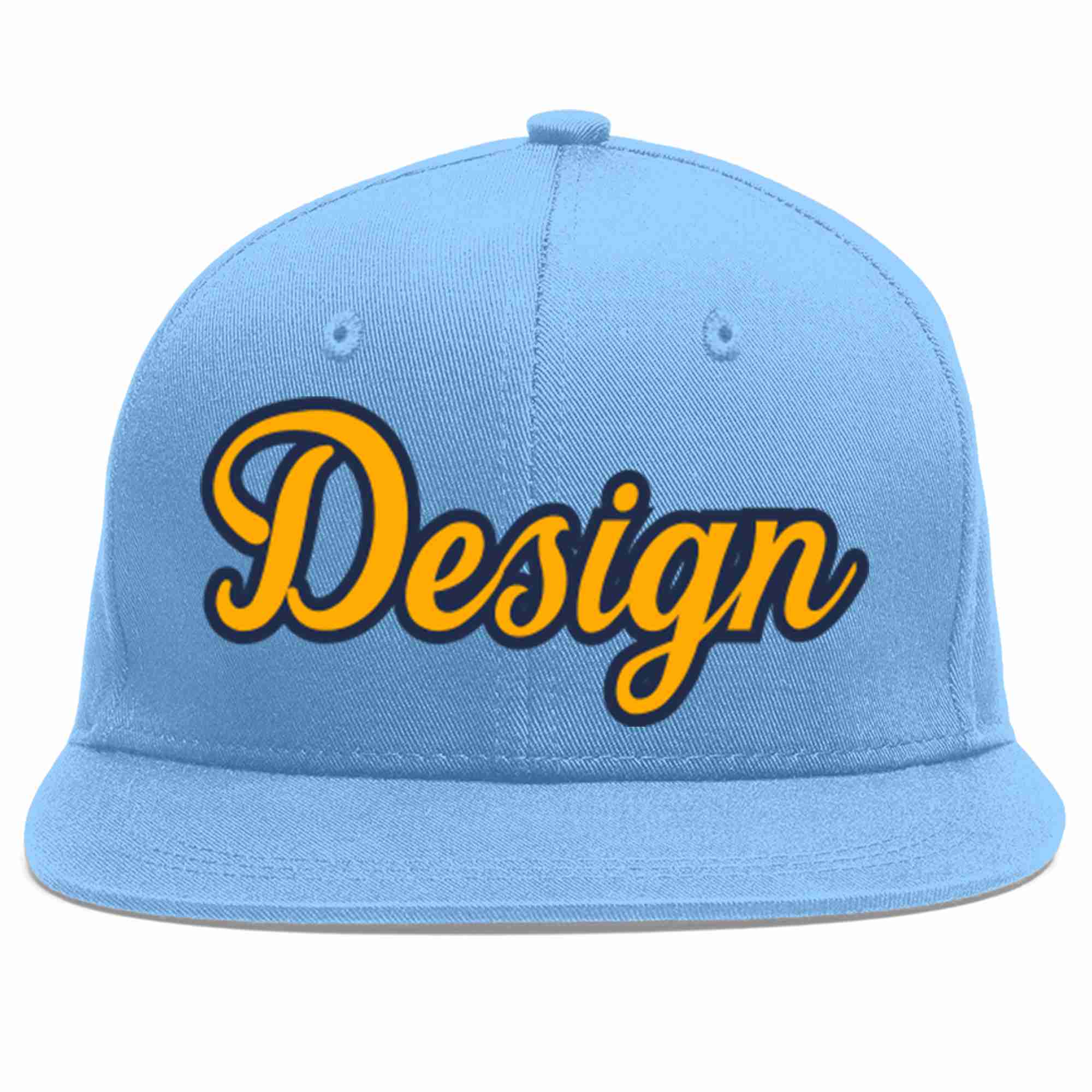 Conception personnalisée de casquette de baseball de sport à avant-toit plat bleu clair jaune-marine pour hommes/femmes/jeunes