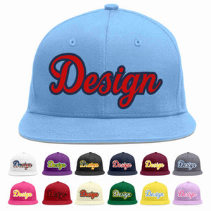 Custom Light Blue Red-Navy Flat Eaves Sport Baseball Cap Design for Men/Women/Youth