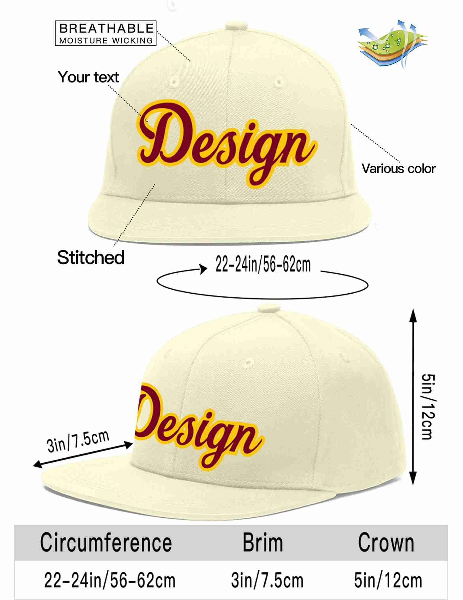 Custom Cream Crimson-Gold Flat Eaves Sport Baseball Cap Design for Men/Women/Youth