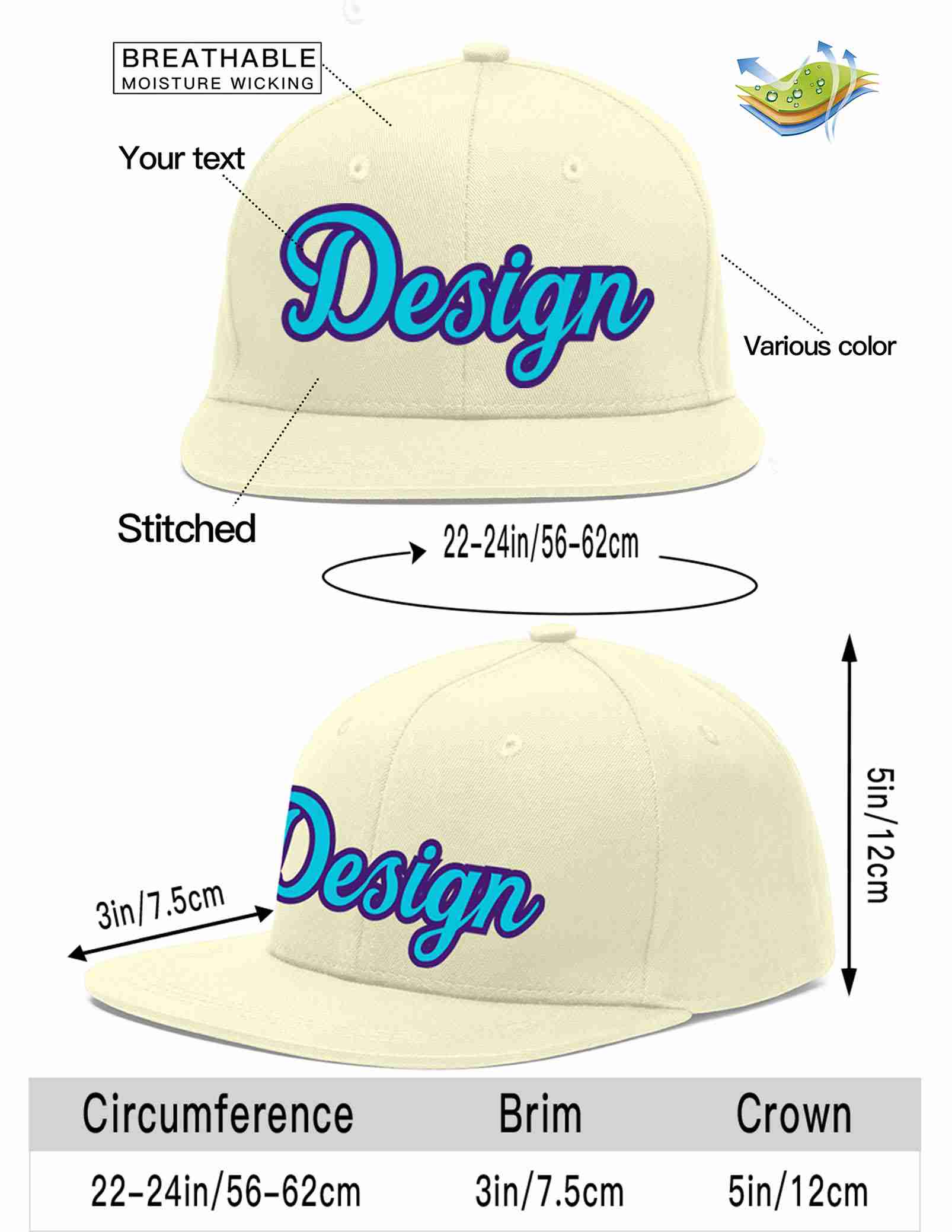 Custom Cream Light Blue-purple Flat Eaves Sport Baseball Cap Design for Men/Women/Youth