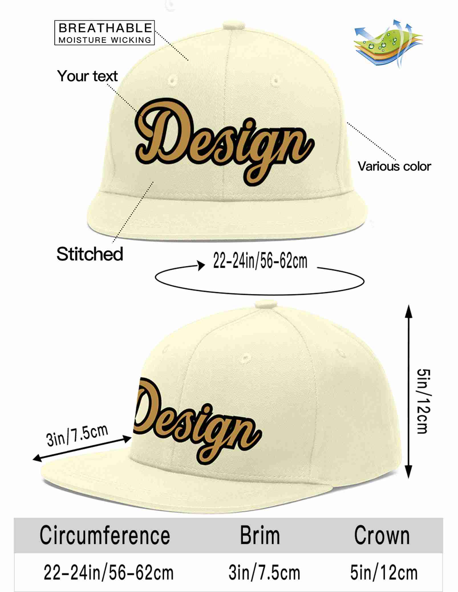 Custom Cream Old Gold-Black Flat Eaves Sport Baseball Cap Design for Men/Women/Youth