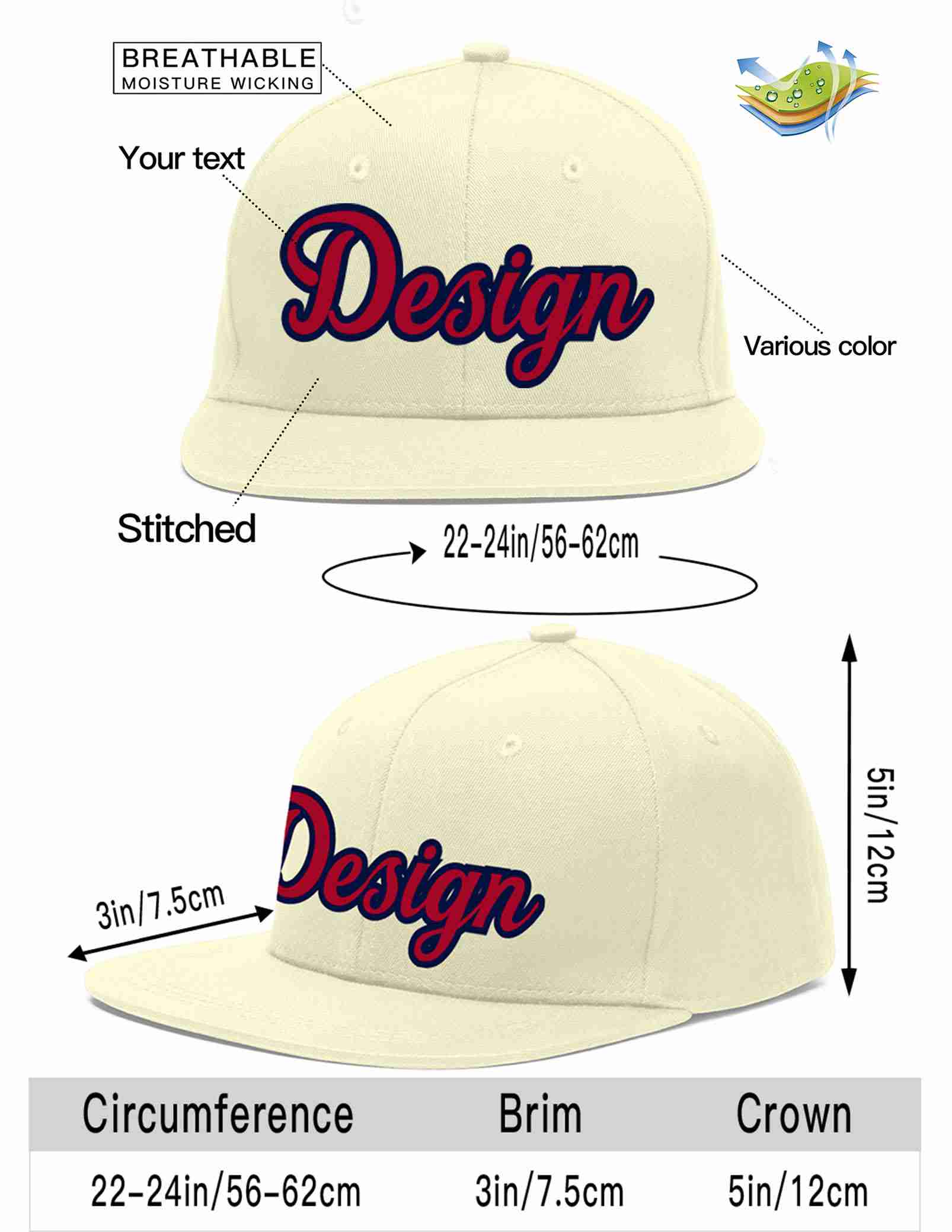 Custom Cream Red-Navy Flat Eaves Sport Baseball Cap Design for Men/Women/Youth