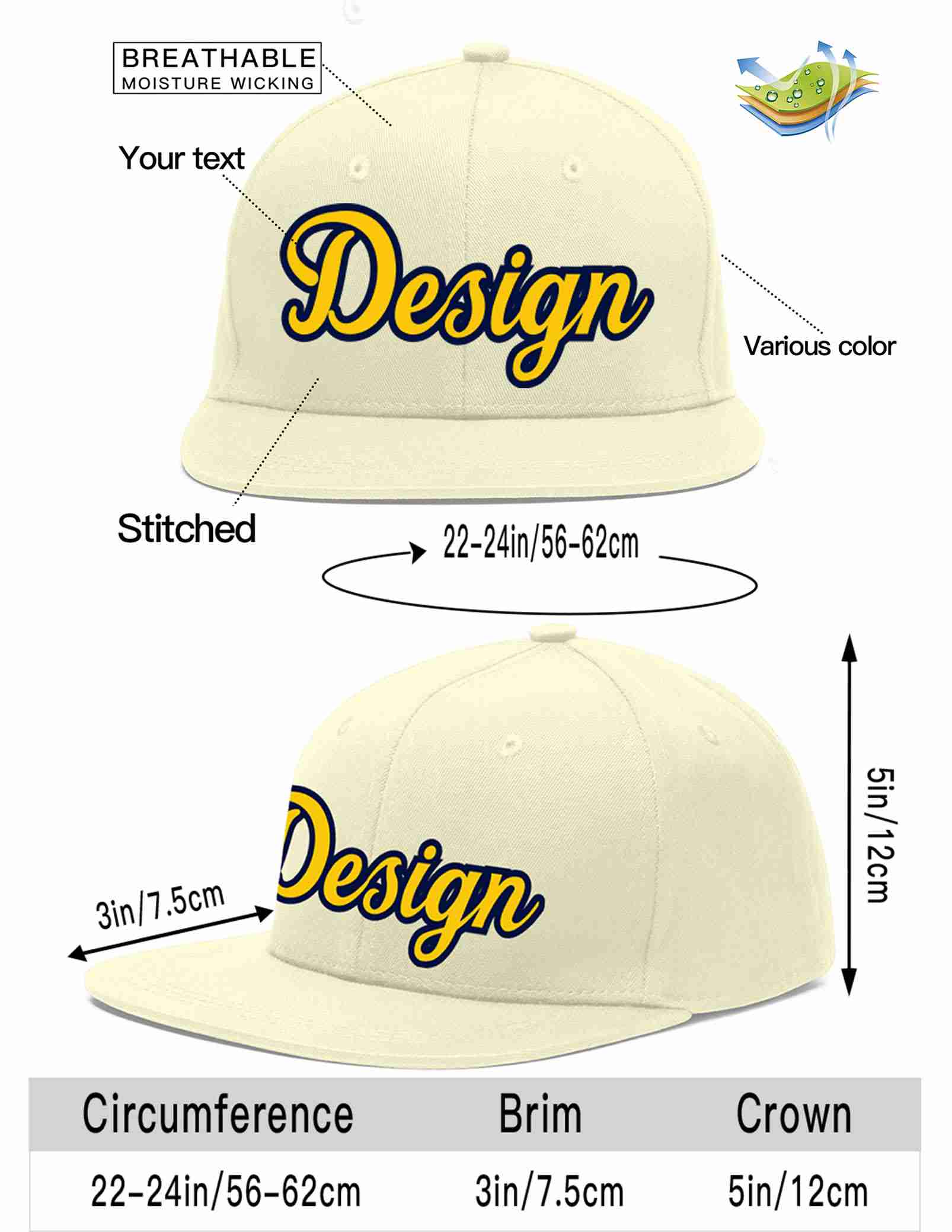 Custom Cream Gold-Navy Flat Eaves Sport Baseball Cap Design for Men/Women/Youth