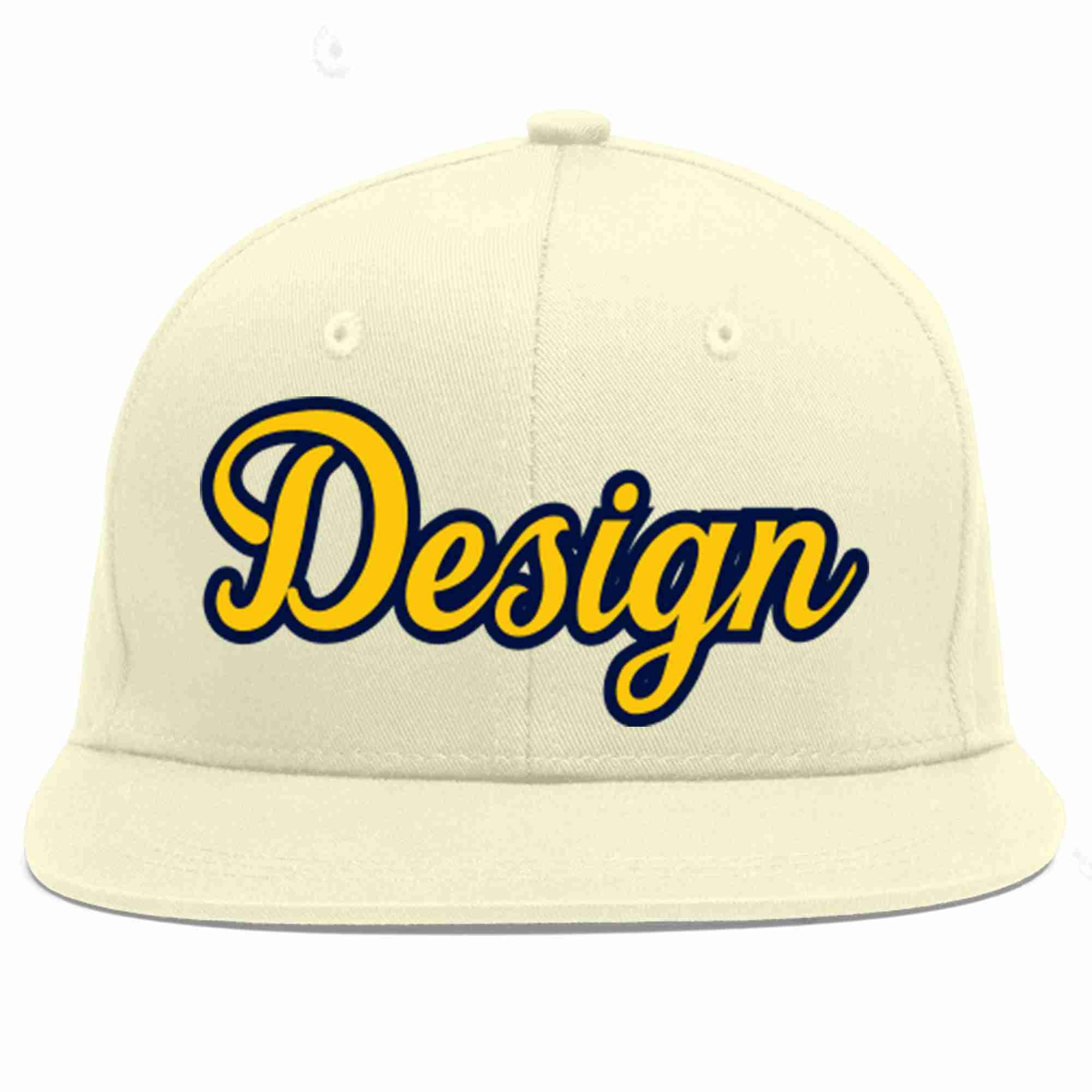 Custom Cream Gold-Navy Flat Eaves Sport Baseball Cap Design for Men/Women/Youth