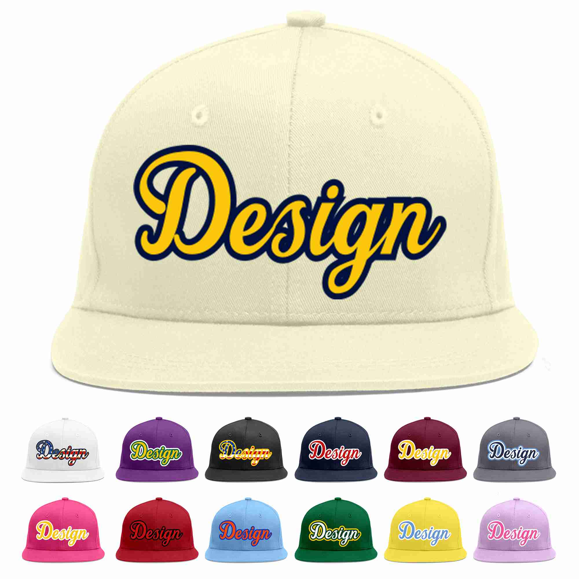 Custom Cream Gold-Navy Flat Eaves Sport Baseball Cap Design for Men/Women/Youth