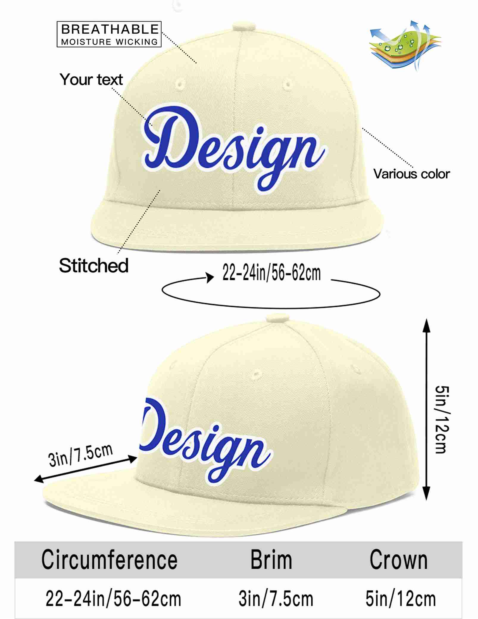 Custom Cream Royal-White Flat Eaves Sport Baseball Cap Design for Men/Women/Youth