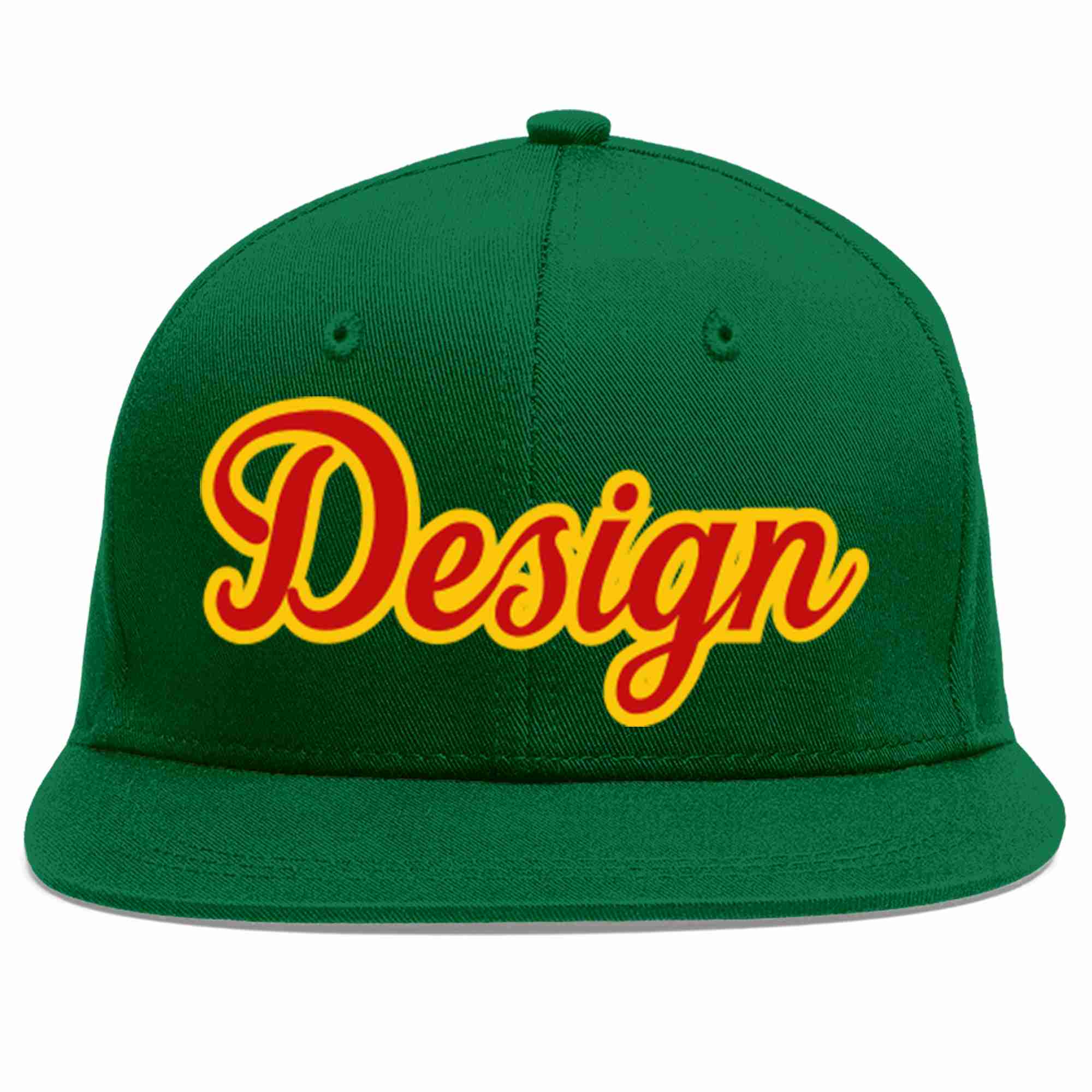 Conception personnalisée de casquette de baseball de sport à avant-toit plat vert rouge-jaune pour hommes/femmes/jeunes