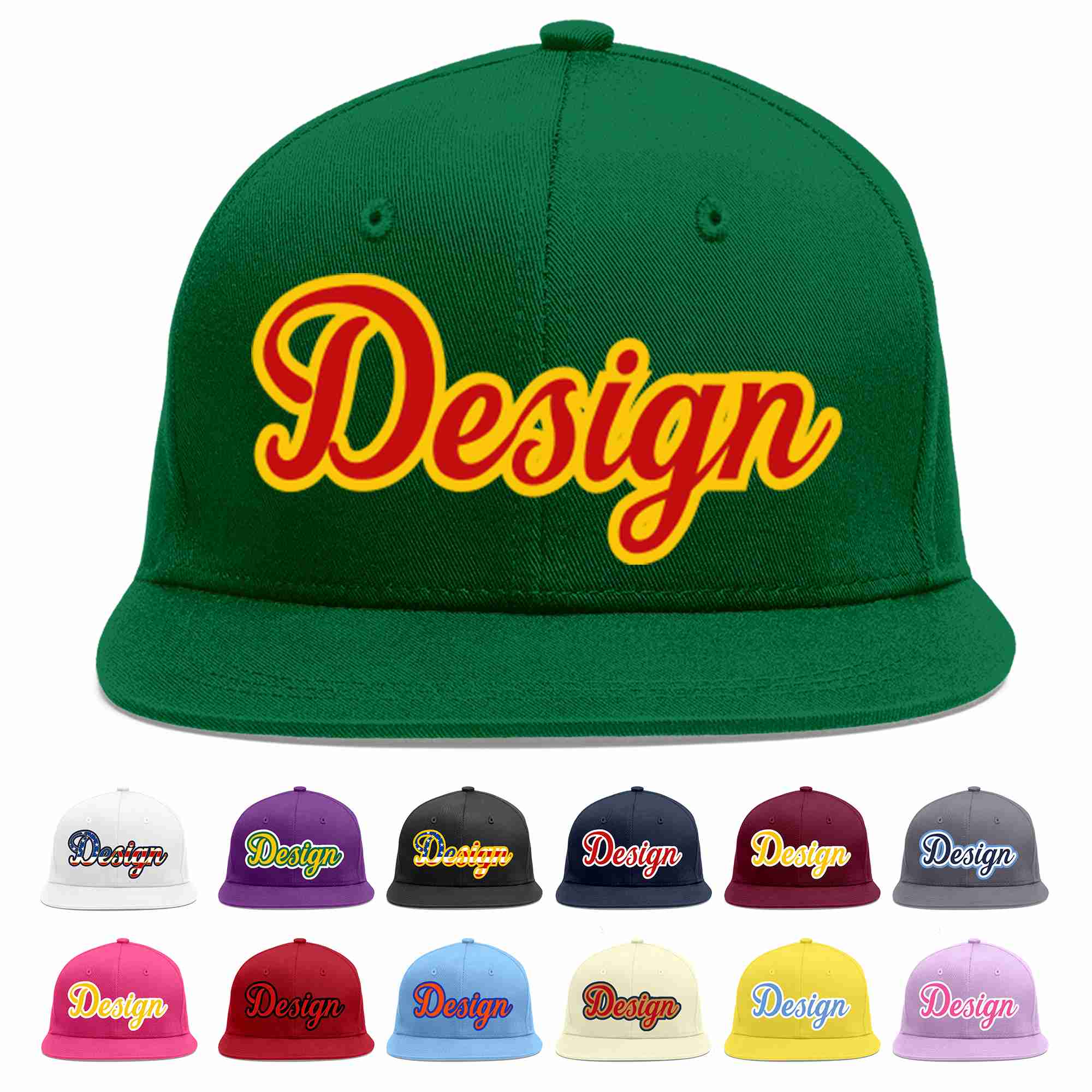 Conception personnalisée de casquette de baseball de sport à avant-toit plat vert rouge-jaune pour hommes/femmes/jeunes