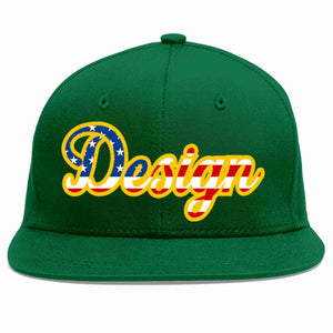 Custom Green Vintage USA Flag-Gold Flat Eaves Sport Baseball Cap Design for Men/Women/Youth