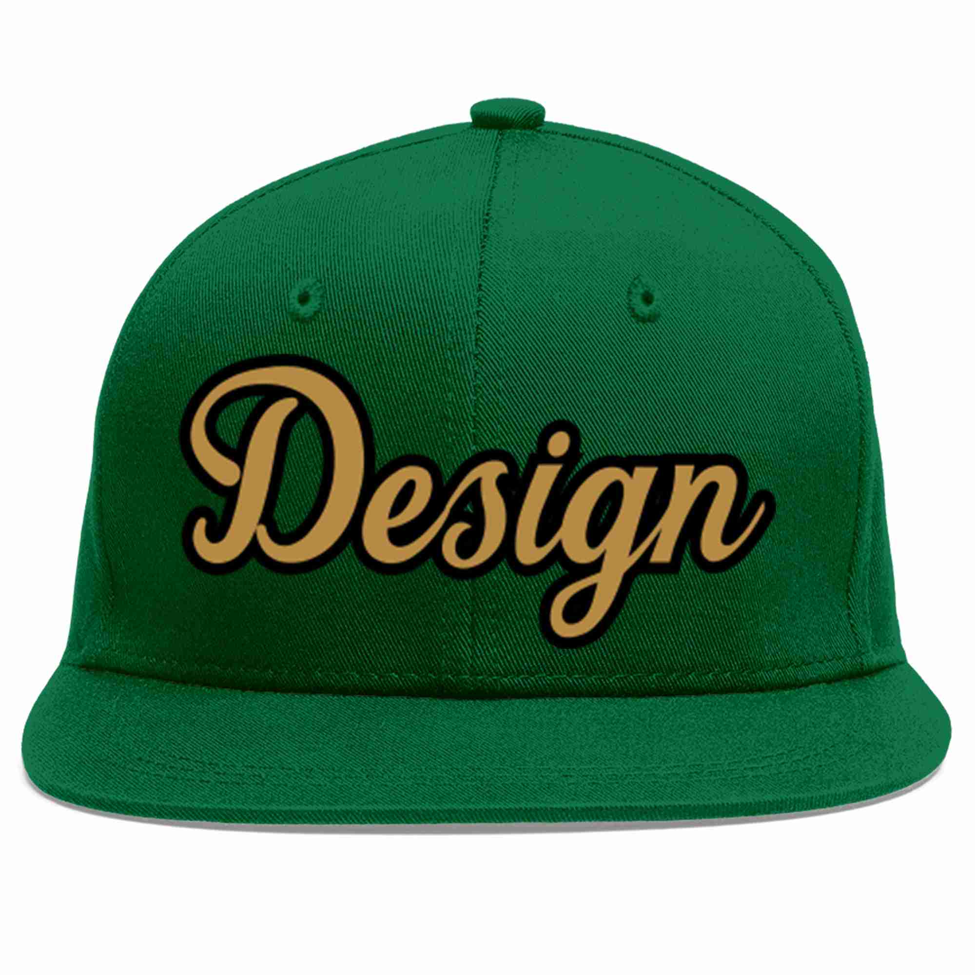 Conception personnalisée de casquette de baseball de sport à avant-toit plat vert vieux or-noir pour hommes/femmes/jeunes