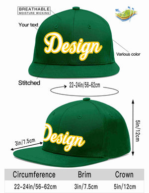 Custom Green White-Gold Flat Eaves Sport Baseball Cap Design for Men/Women/Youth