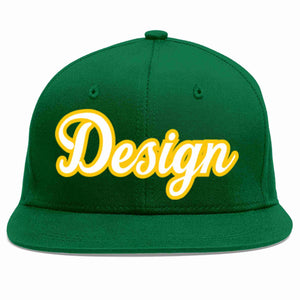 Custom Green White-Gold Flat Eaves Sport Baseball Cap Design for Men/Women/Youth