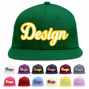 Custom Green White-Gold Flat Eaves Sport Baseball Cap Design for Men/Women/Youth