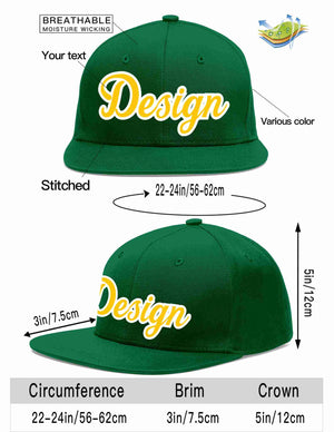 Conception personnalisée de casquette de baseball de sport à avant-toit plat vert or-blanc pour hommes/femmes/jeunes