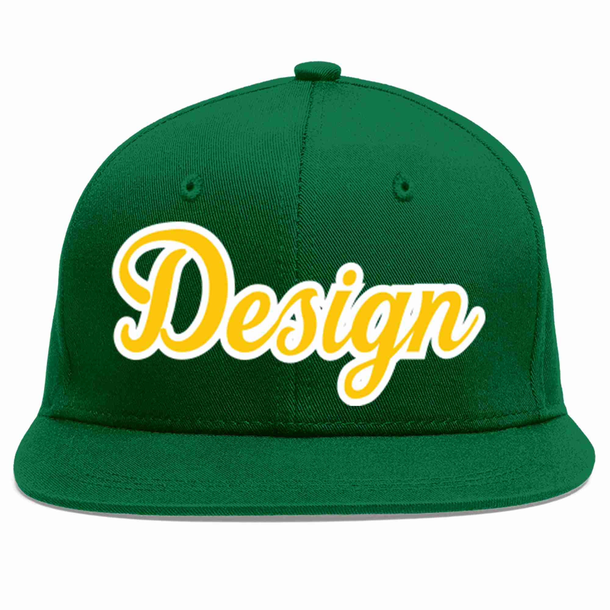 Custom Green Gold-White Flat Eaves Sport Baseball Cap Design for Men/Women/Youth