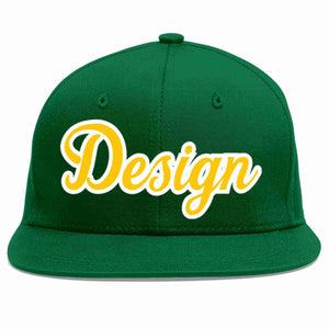 Conception personnalisée de casquette de baseball de sport à avant-toit plat vert or-blanc pour hommes/femmes/jeunes