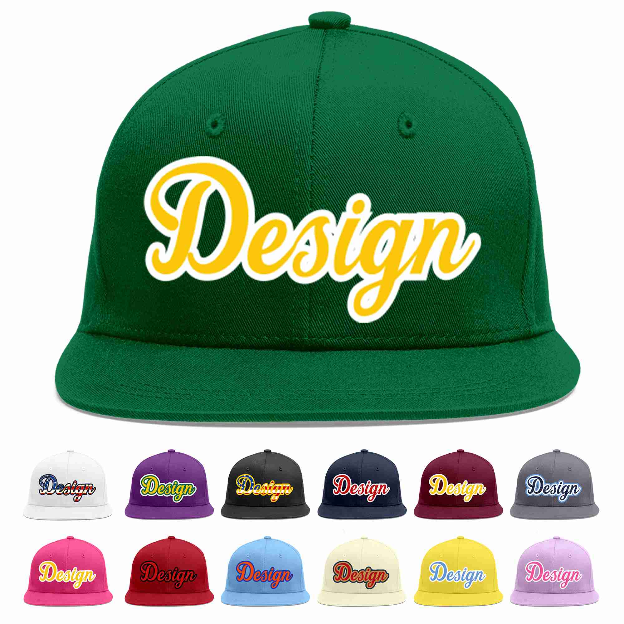 Custom Green Gold-White Flat Eaves Sport Baseball Cap Design for Men/Women/Youth