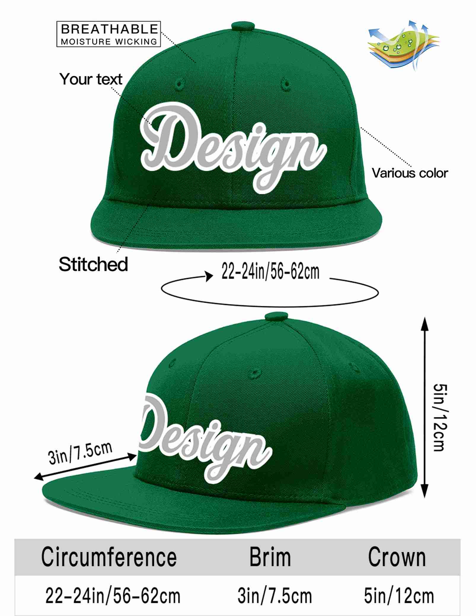 Custom Green Gray-White Flat Eaves Sport Baseball Cap Design for Men/Women/Youth