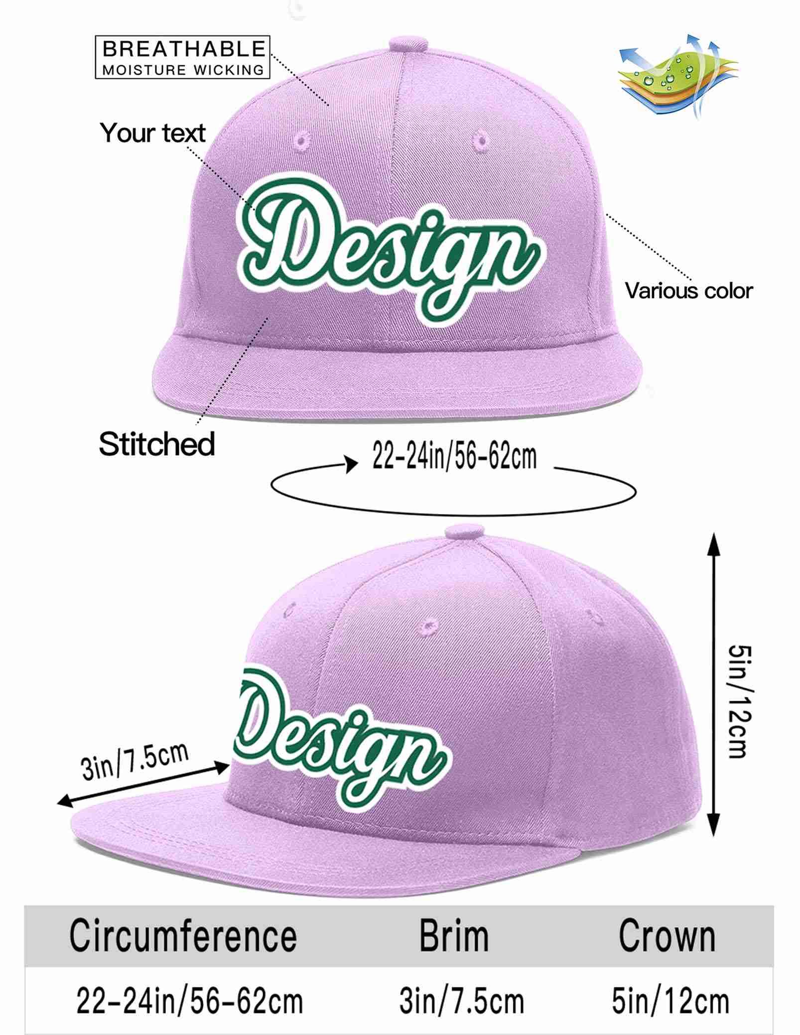 Custom Light Purple White-Kelly Green Flat Eaves Sport Baseball Cap Design for Men/Women/Youth