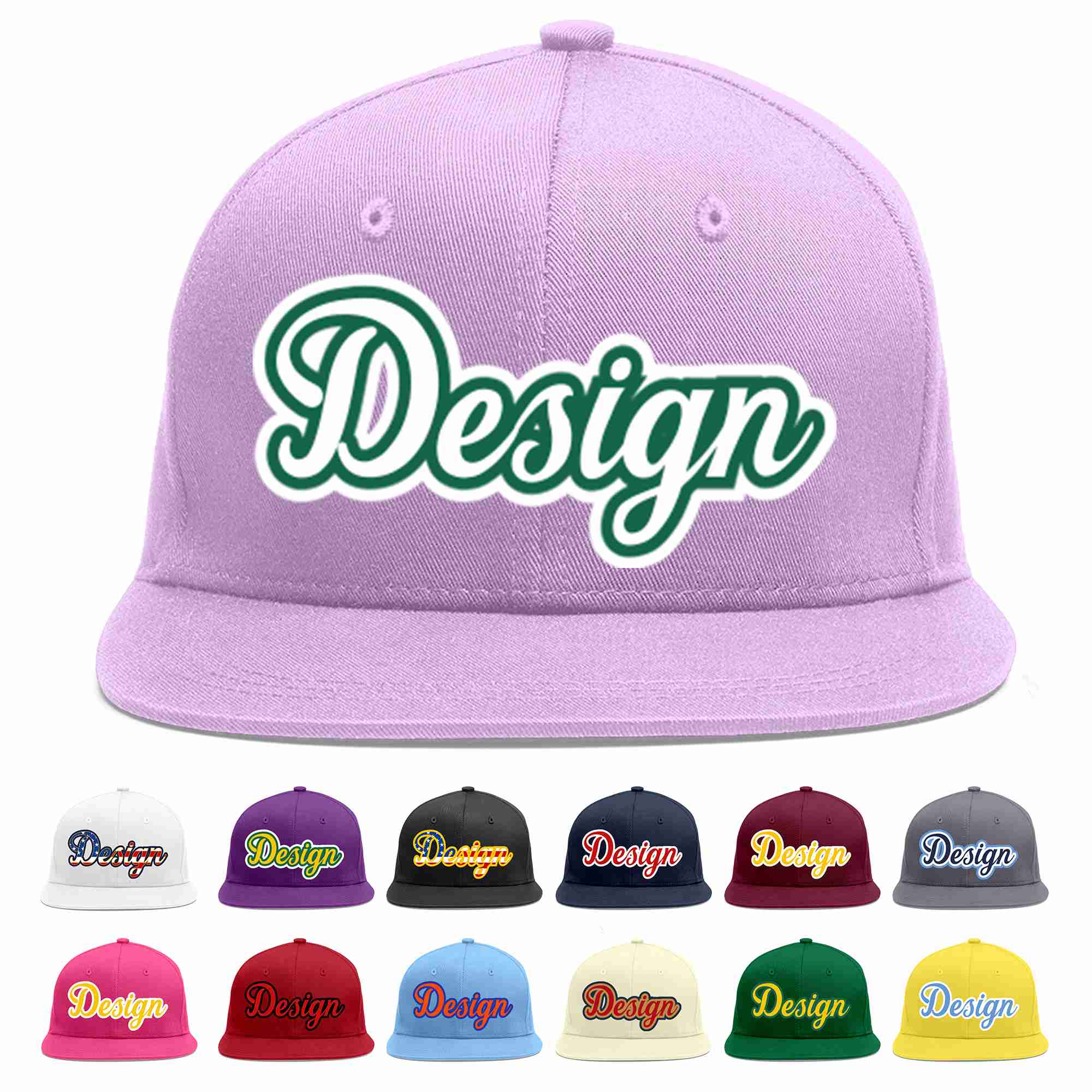 Custom Light Purple White-Kelly Green Flat Eaves Sport Baseball Cap Design for Men/Women/Youth