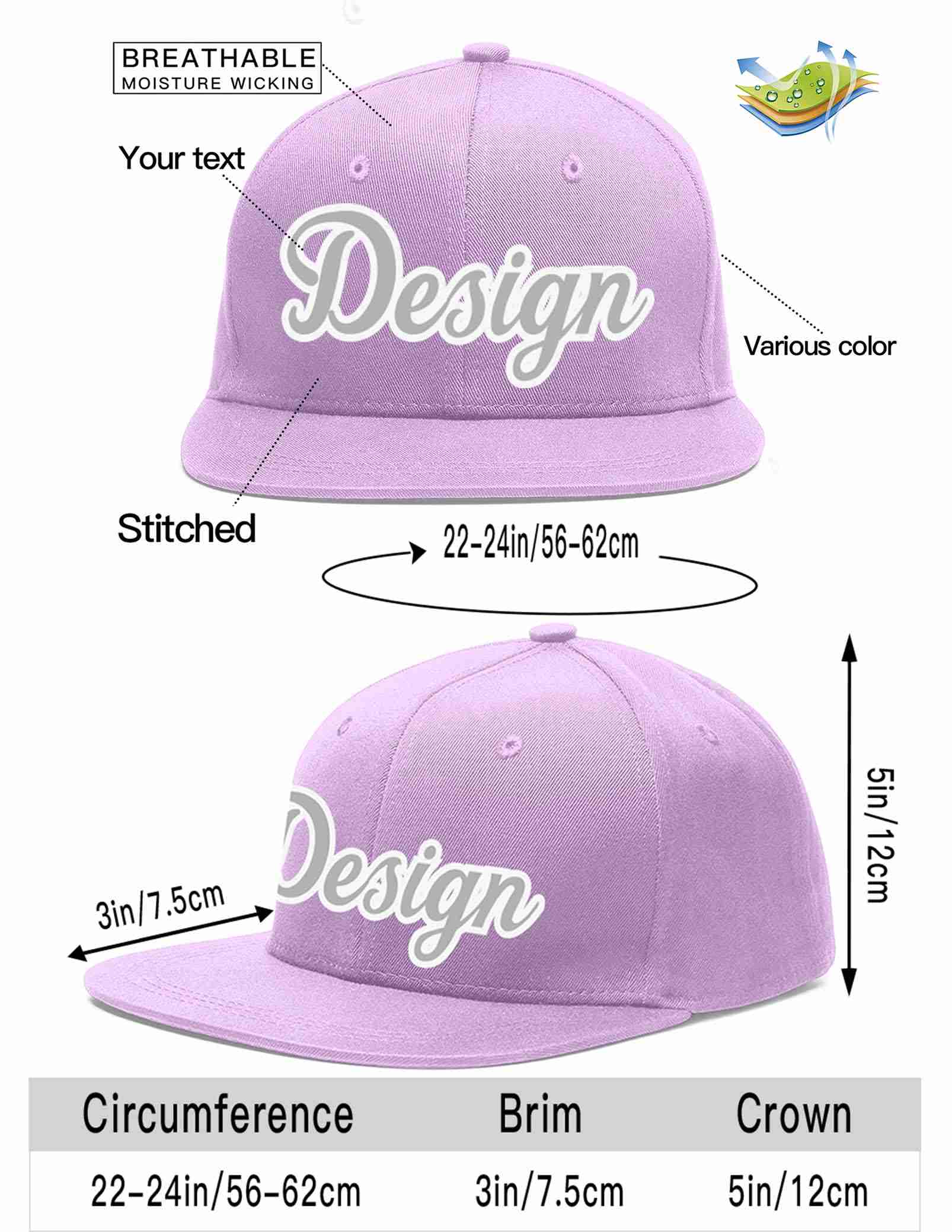 Custom Light Purple Gray-White Flat Eaves Sport Baseball Cap Design for Men/Women/Youth