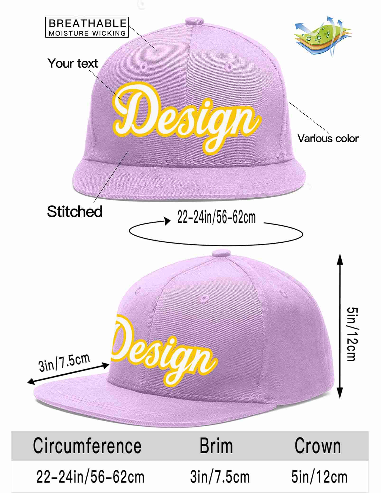 Custom Light Purple White-Gold Flat Eaves Sport Baseball Cap Design for Men/Women/Youth