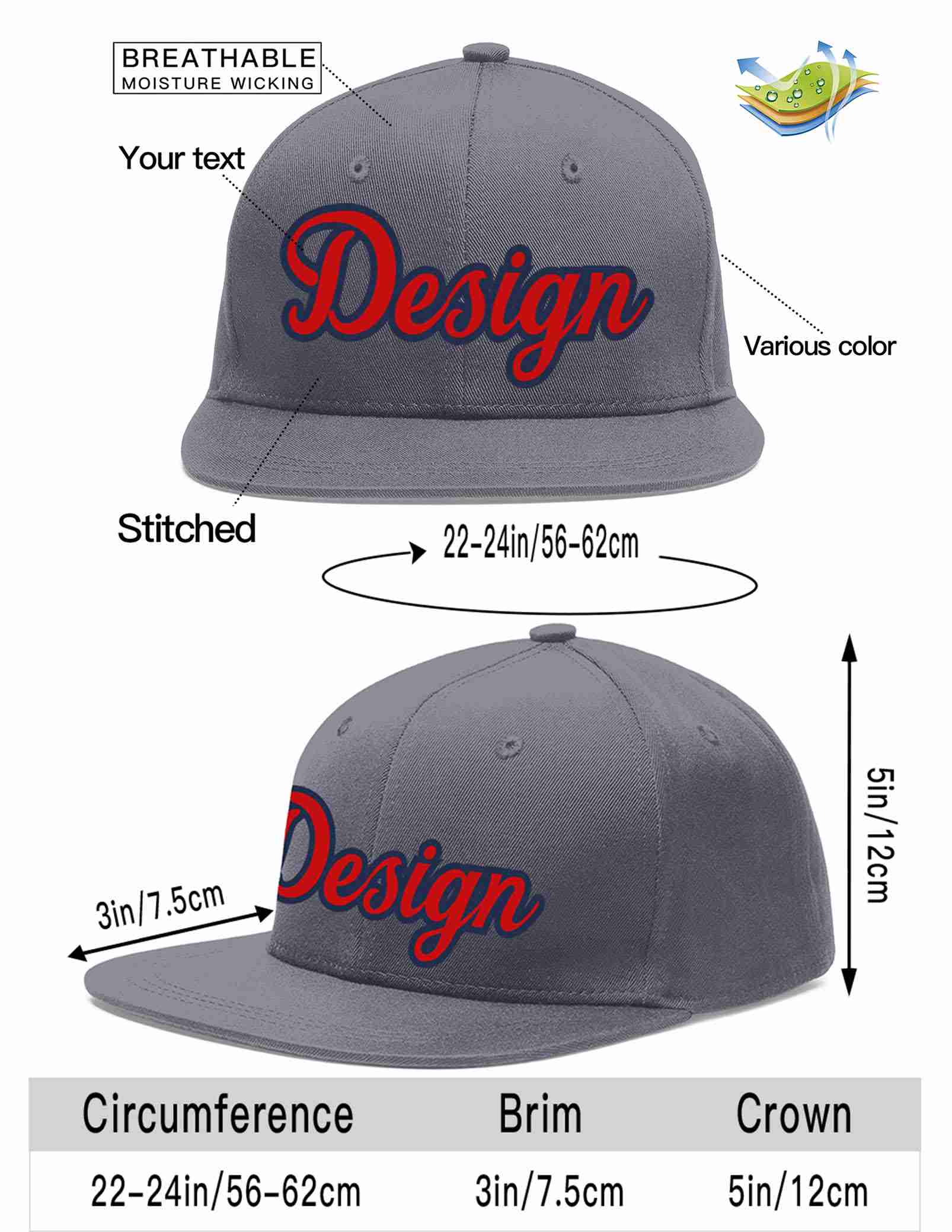 Custom Dark Gray Red-Navy Flat Eaves Sport Baseball Cap Design for Men/Women/Youth