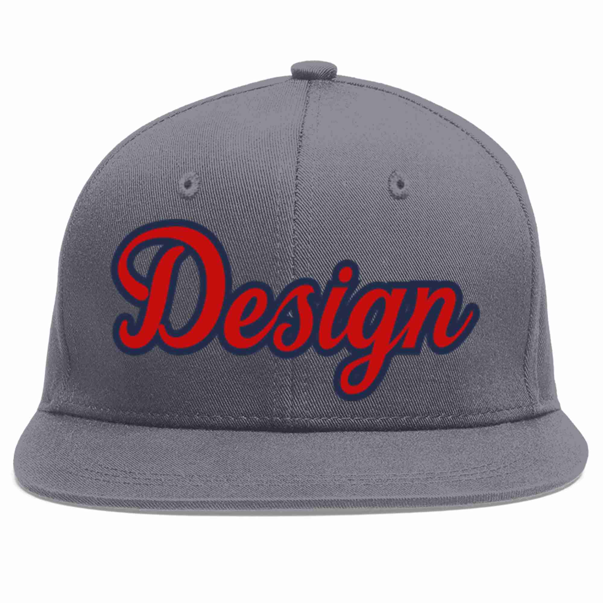 Custom Dark Gray Red-Navy Flat Eaves Sport Baseball Cap Design for Men/Women/Youth