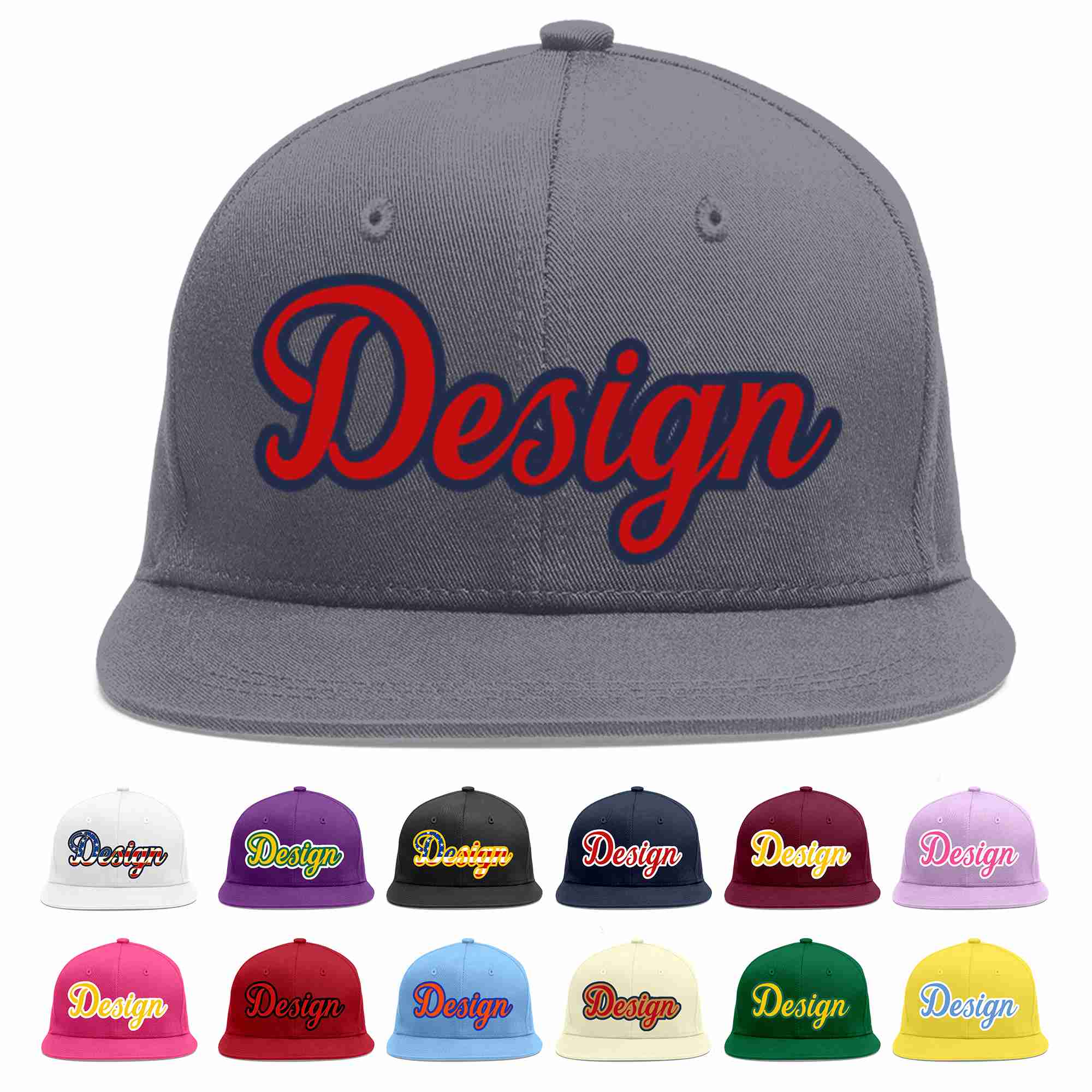 Custom Dark Gray Red-Navy Flat Eaves Sport Baseball Cap Design for Men/Women/Youth