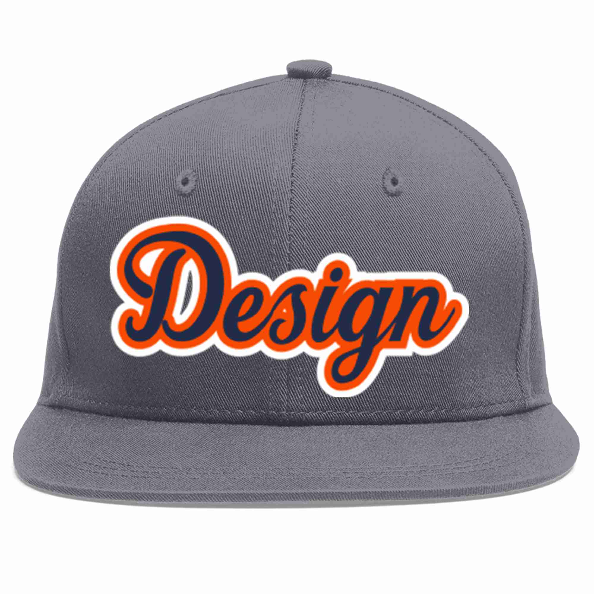 Casquette de baseball sport personnalisée gris foncé, bleu marine et orange, design plat pour hommes/femmes/jeunes