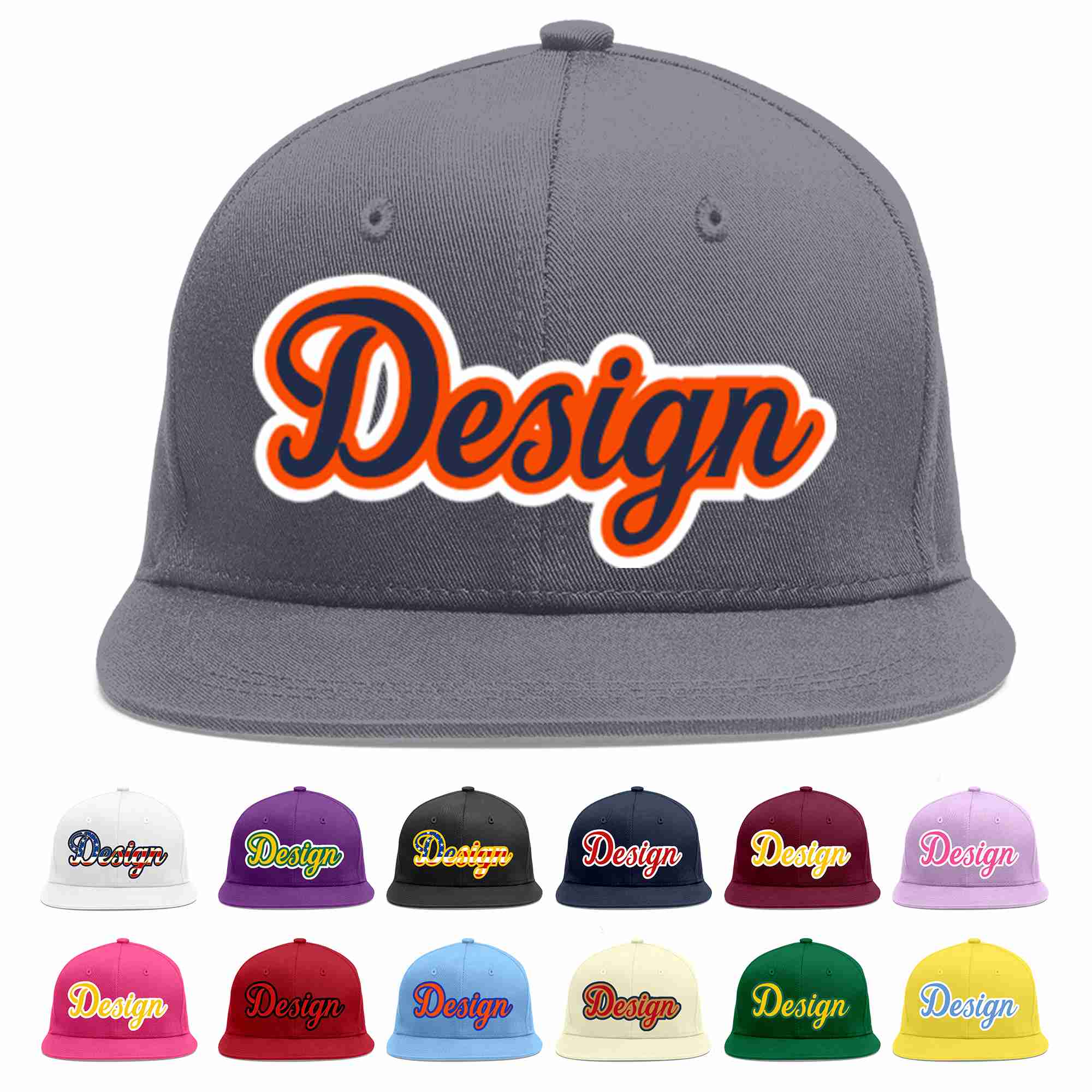 Casquette de baseball sport personnalisée gris foncé, bleu marine et orange, design plat pour hommes/femmes/jeunes